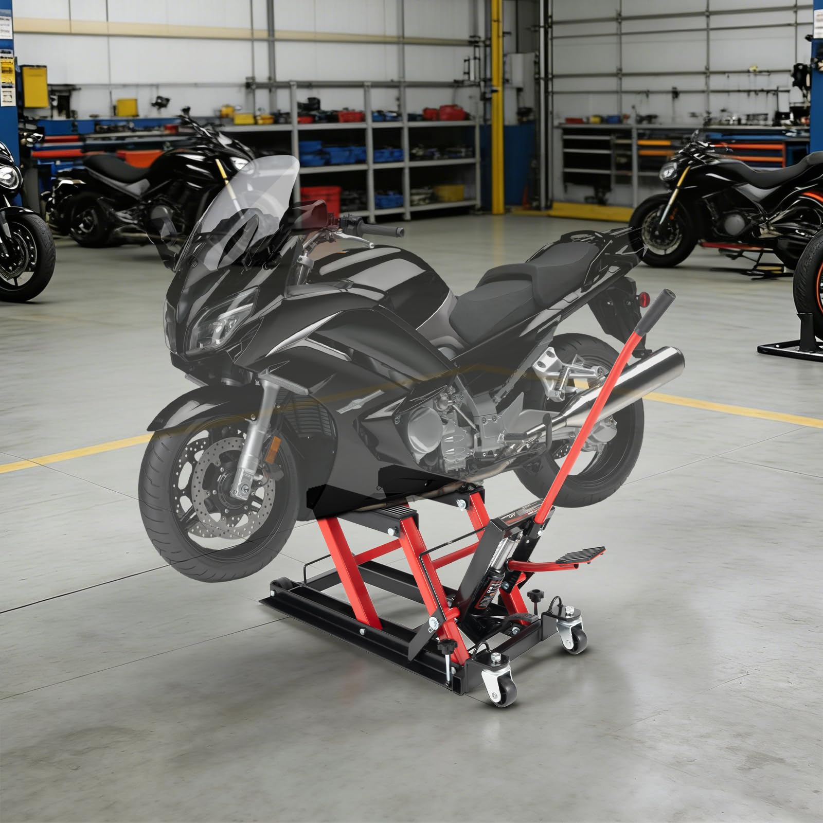 Sollevatore idraulico per moto, 680 kg, ponte sollevatore con blocco di sicurezza e ruote, cavalletto di montaggio per moto, ATV e quad, altezza di sollevamento 115-365 mm