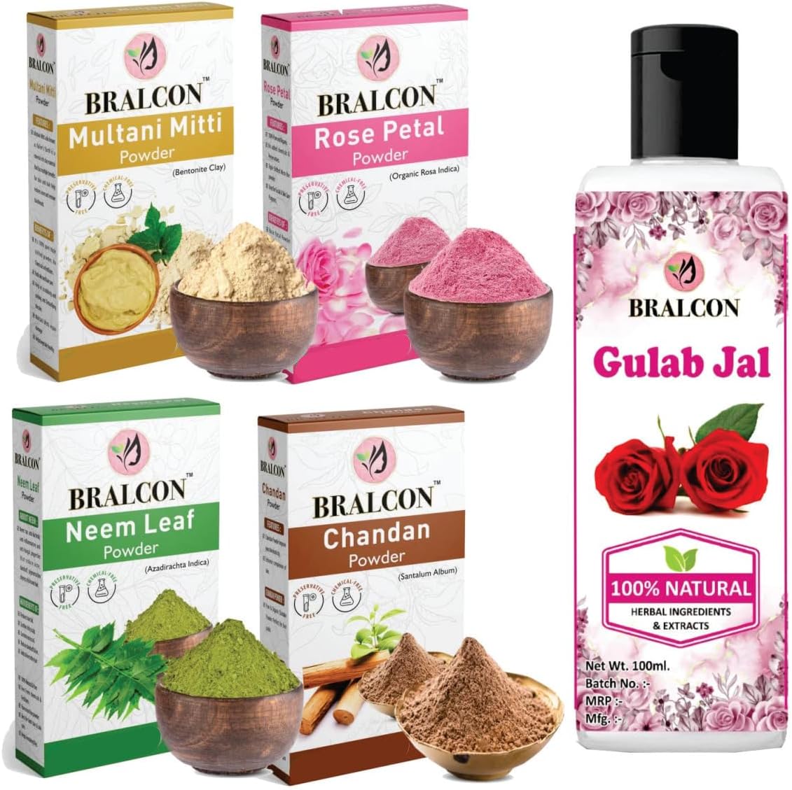 BRALCON Face Pack Powder Combo- (Multani Mitti Powder(100g) + Rose Petals Powder(100g) + Neem Leaf Powder(100g) + Chandan Powder(100g) + Rose Water Gulab Jal 100ml) for Face, Skin Whitening