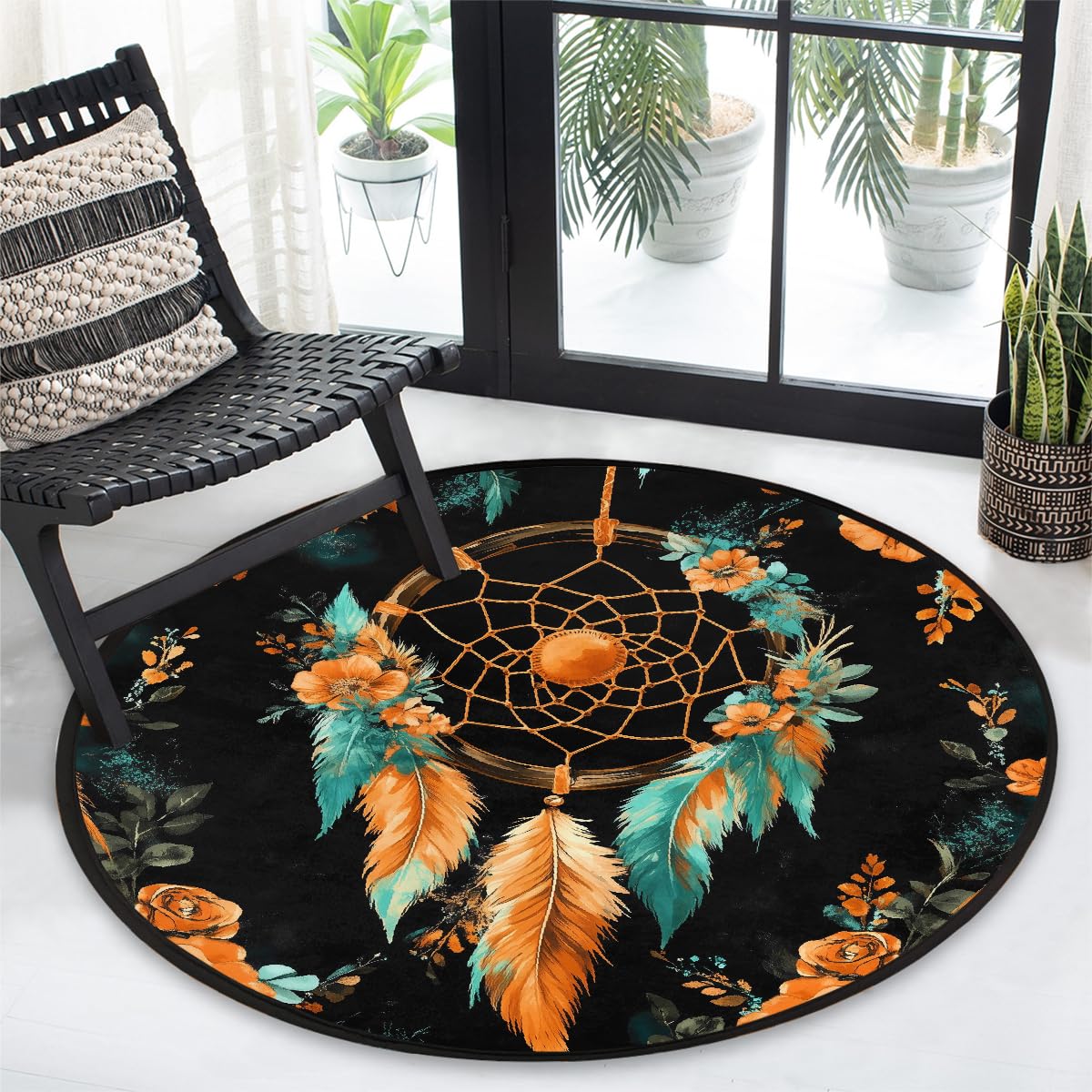 Orangefarbener Traumfänger-Teppich, Boho-Blumenmuster, rund, waschbar, Gaming-Teppich für Schlafzimmer, Wohnzimmer, Arbeitszimmer, Bodenmatte, 160 cm