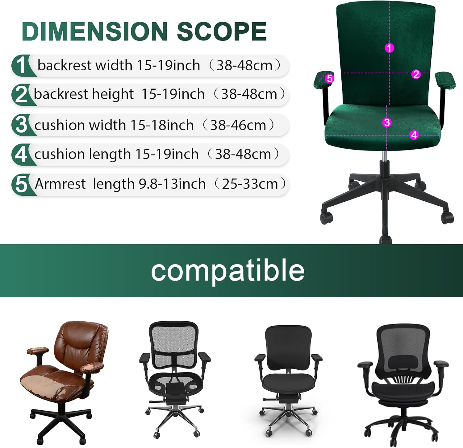Tallew 4 Pcs Office Chair Covers Set with Armrest, Stretchable,Dark Green image 4