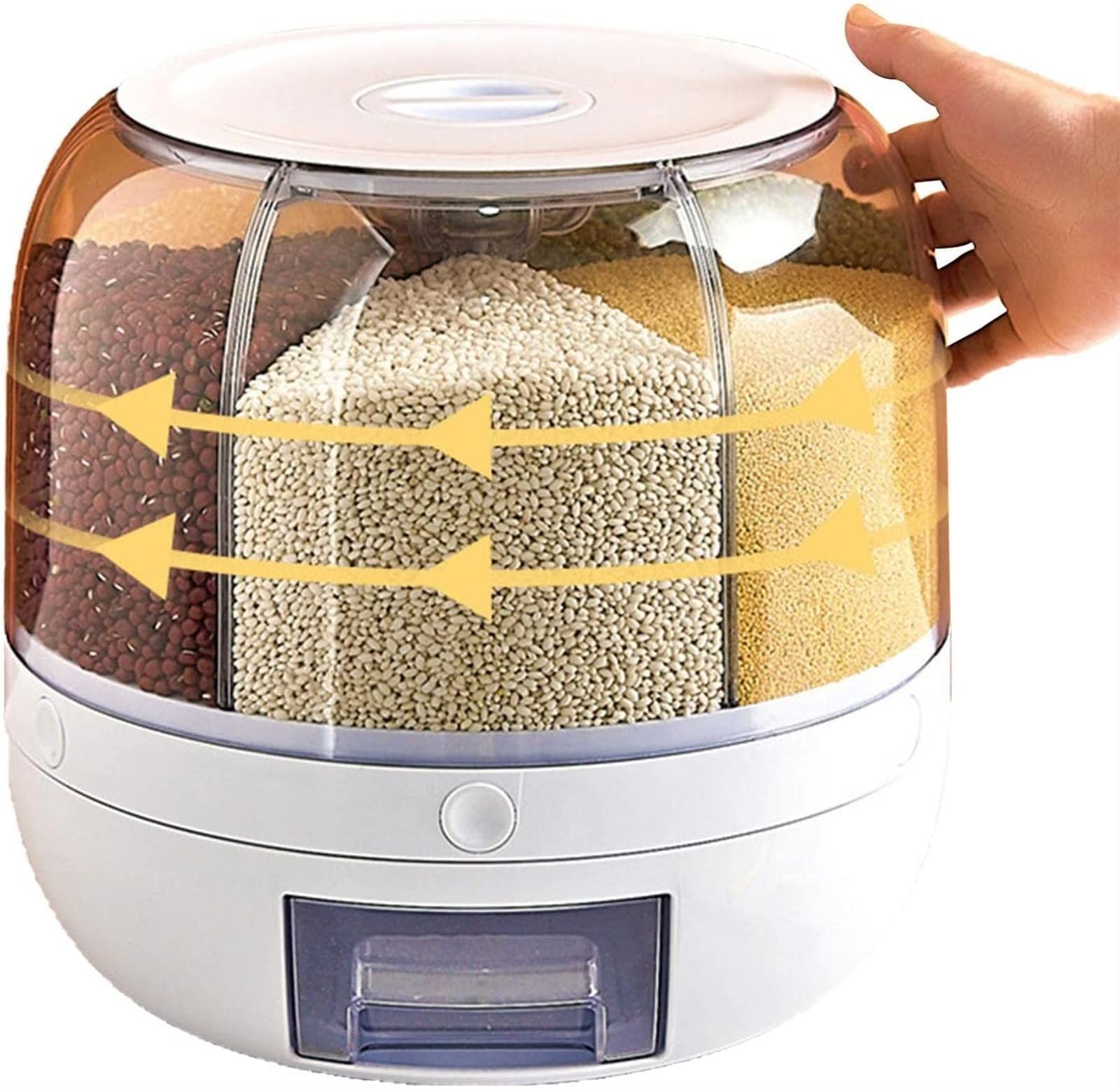 Contenitore per riso, girevole a 360°, grande capacità di 3,2 kg, 6 griglie, dispenser per alimenti rotante, visibile e rotondo, per cereali, snack, caramelle, chicchi di caffè, fai