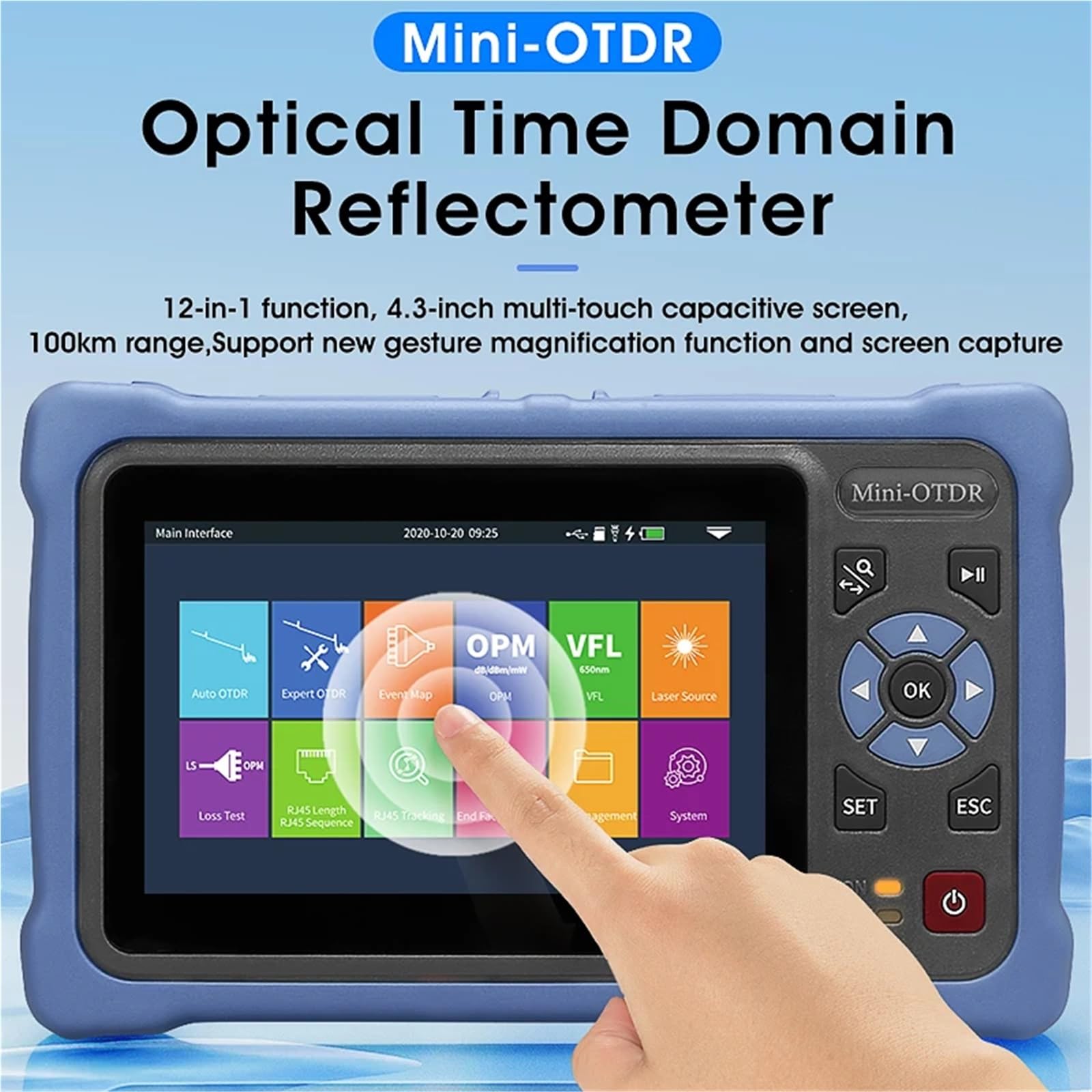 Reflektometr światłowodowy OTDR 100 km, ekran dotykowy 1310/1550 nm, 26/24 dB, mapa zdarzeń VFL OLS OPM, tester kabli Ethernet Elektrownia stacji(AUA800U)