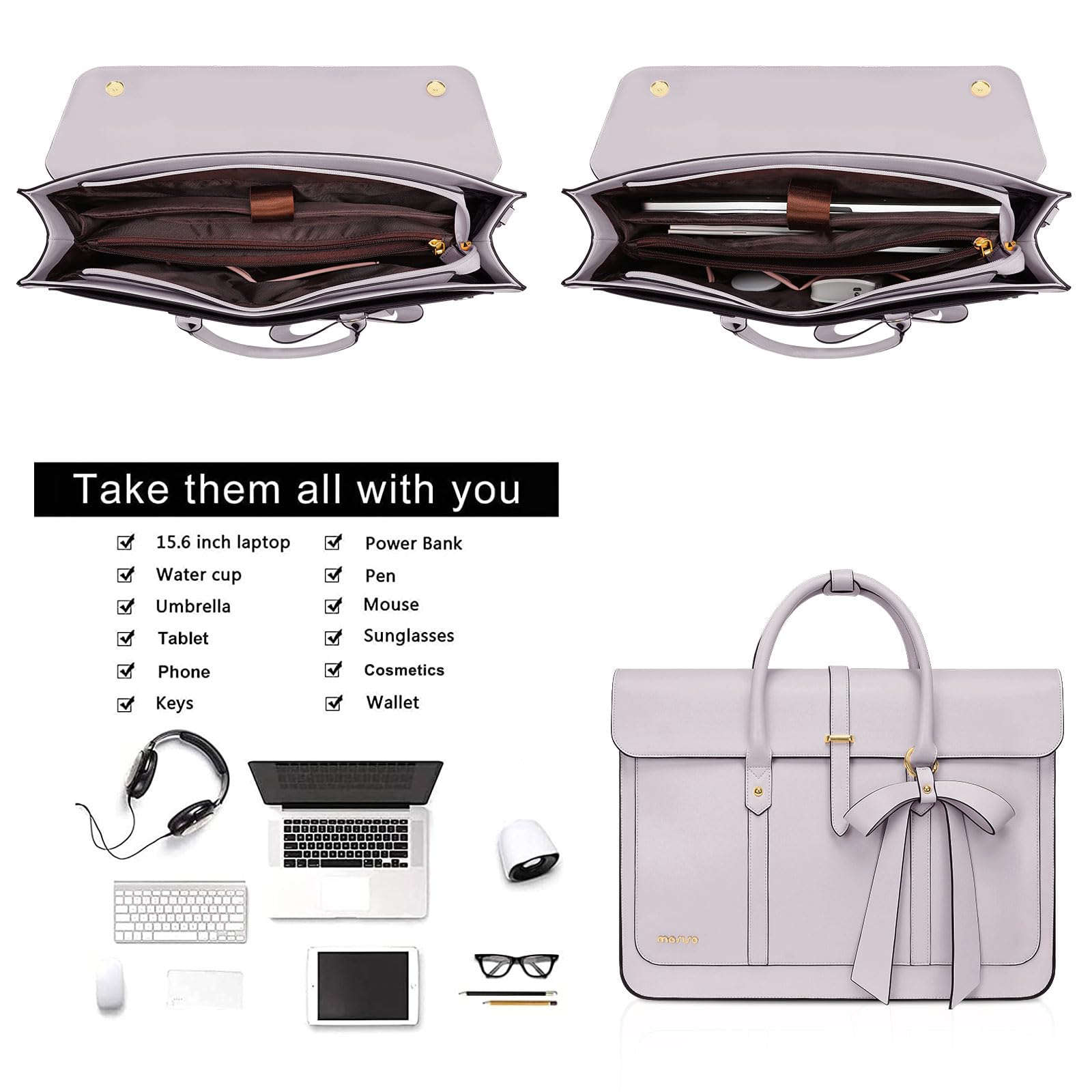 MOSISO Laptoptasche Damen 16 Zoll, 15-15,6 Zoll PU Leder Handtasche Umrüstbar auf Rucksack, Lässig Aktentasche Arbeitstasche Uni Tasche Reisen Schultertasche mit Schleifenknoten, Staubiges Flieder