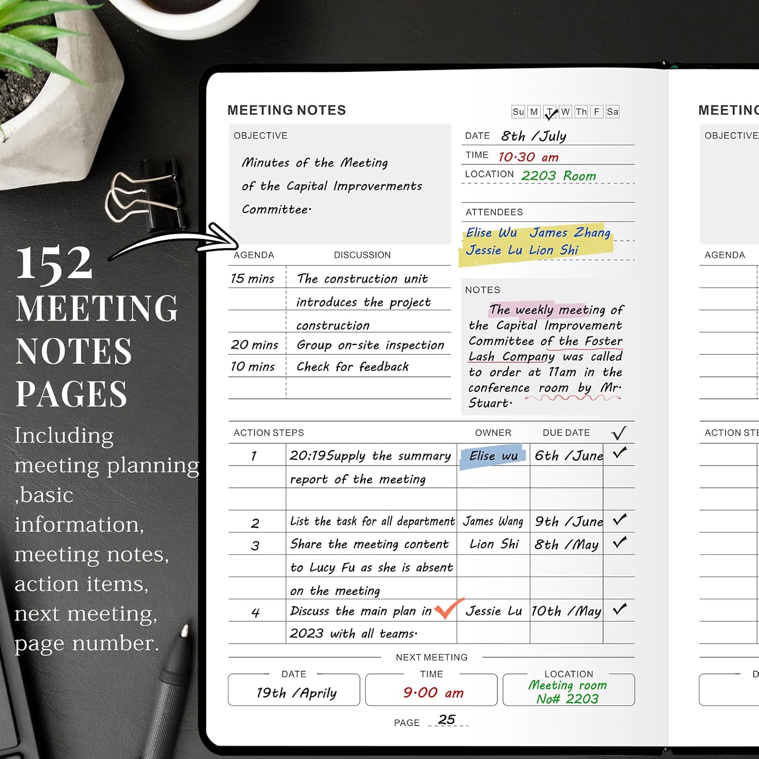 JUBTIC Meeting Notebook for Work with Action Items, Project Planner Work Planner for Office & Business Taking Notes, Agenda Organizer Supplies for Men & Women,160 Pages (8.5”x11”) - Black image 2