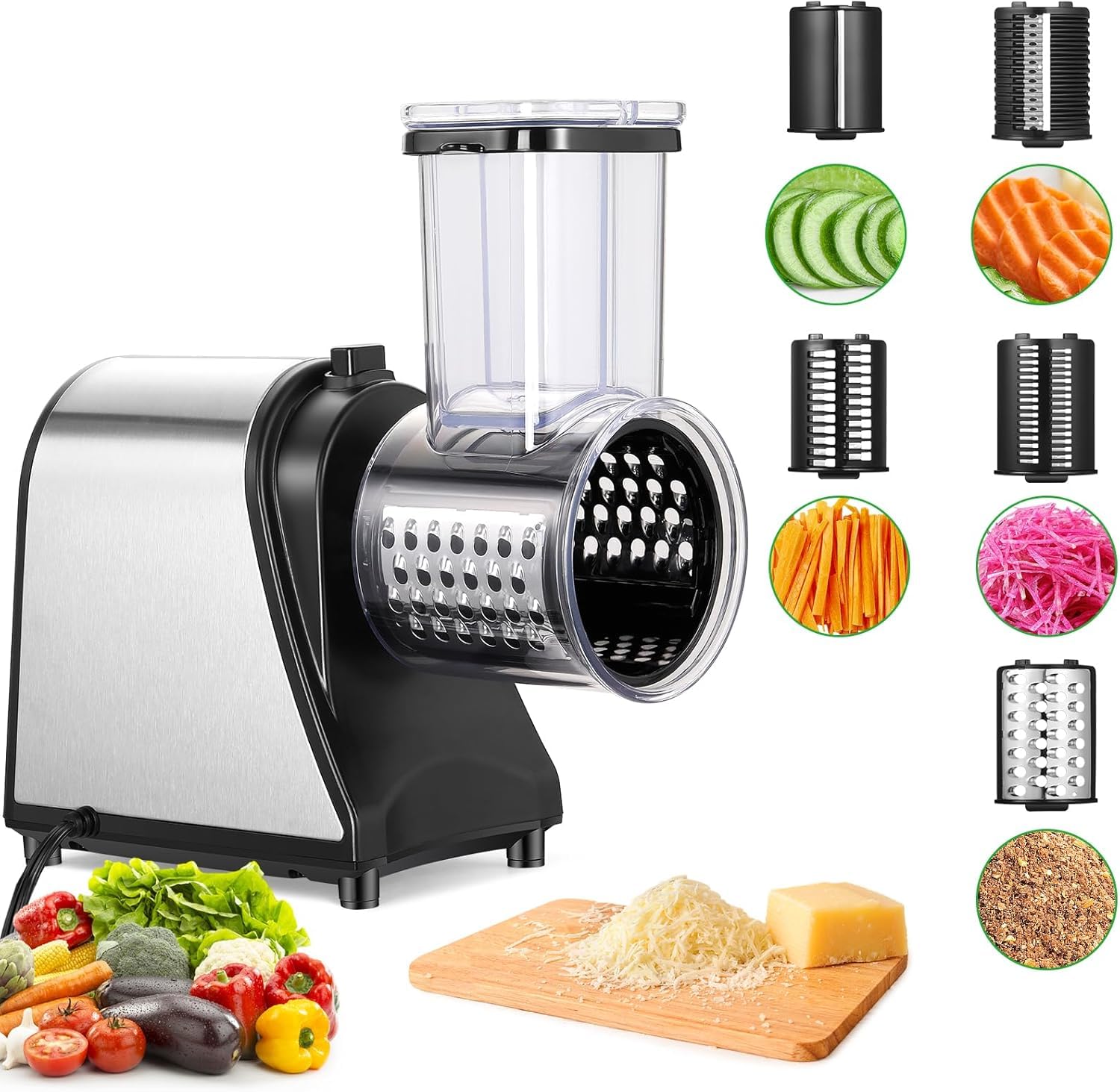 Nictemaw Tagliaverdure elettrico, 250W Multifunzione Taglia verdure elettrico 5 in 1 Grattugia elettrica in acciaio inox, Grattugia per formaggio con 5 lame per verdure diverse