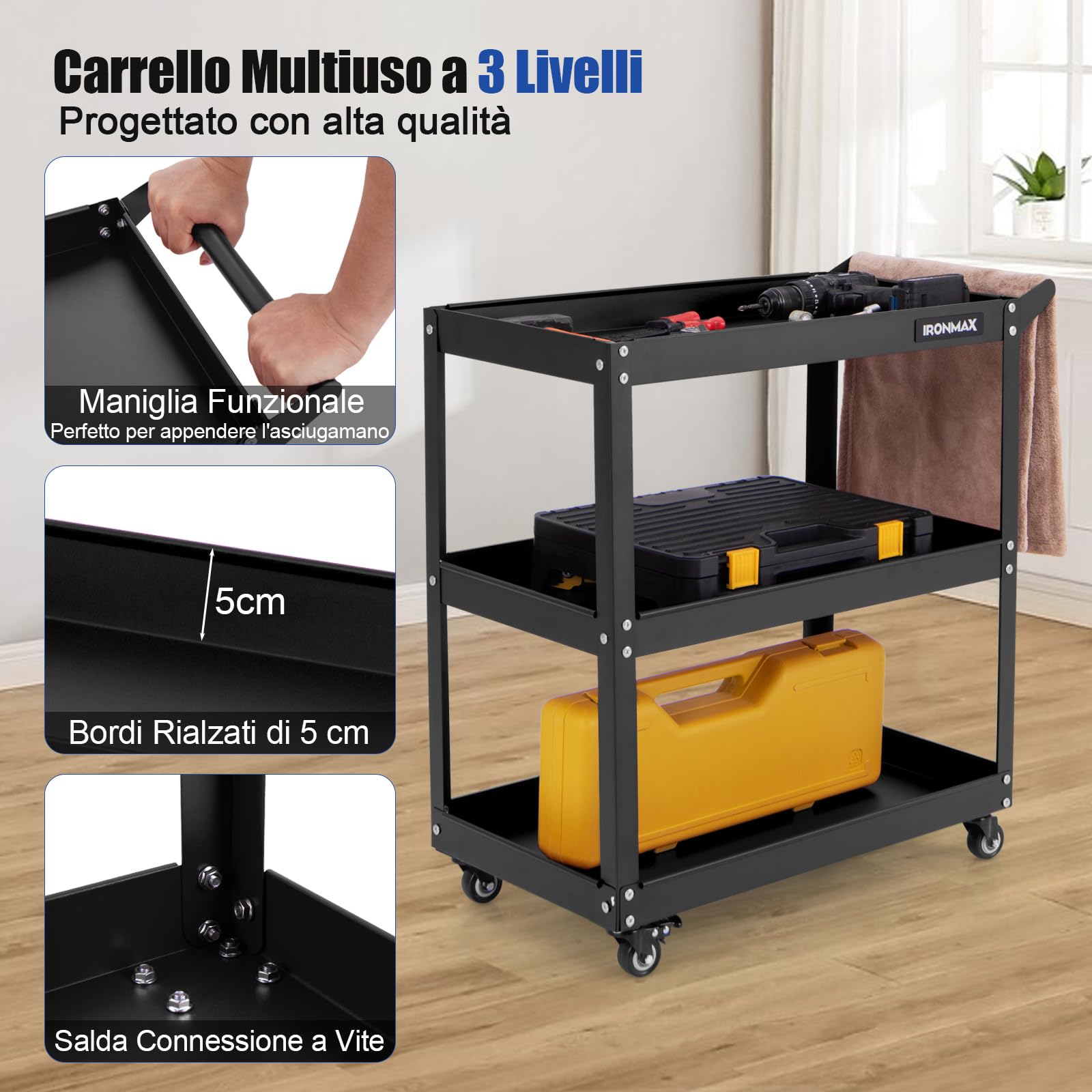 COSTWAY Carrello Portautensili a 3 Livelli, Carrello Metallico Resistente con 3 Ripiani, 4 Ruote Universali con 2 Freni, per Garage, Casa, Magazzino, 73 x 36 x 75 cm (Nero)