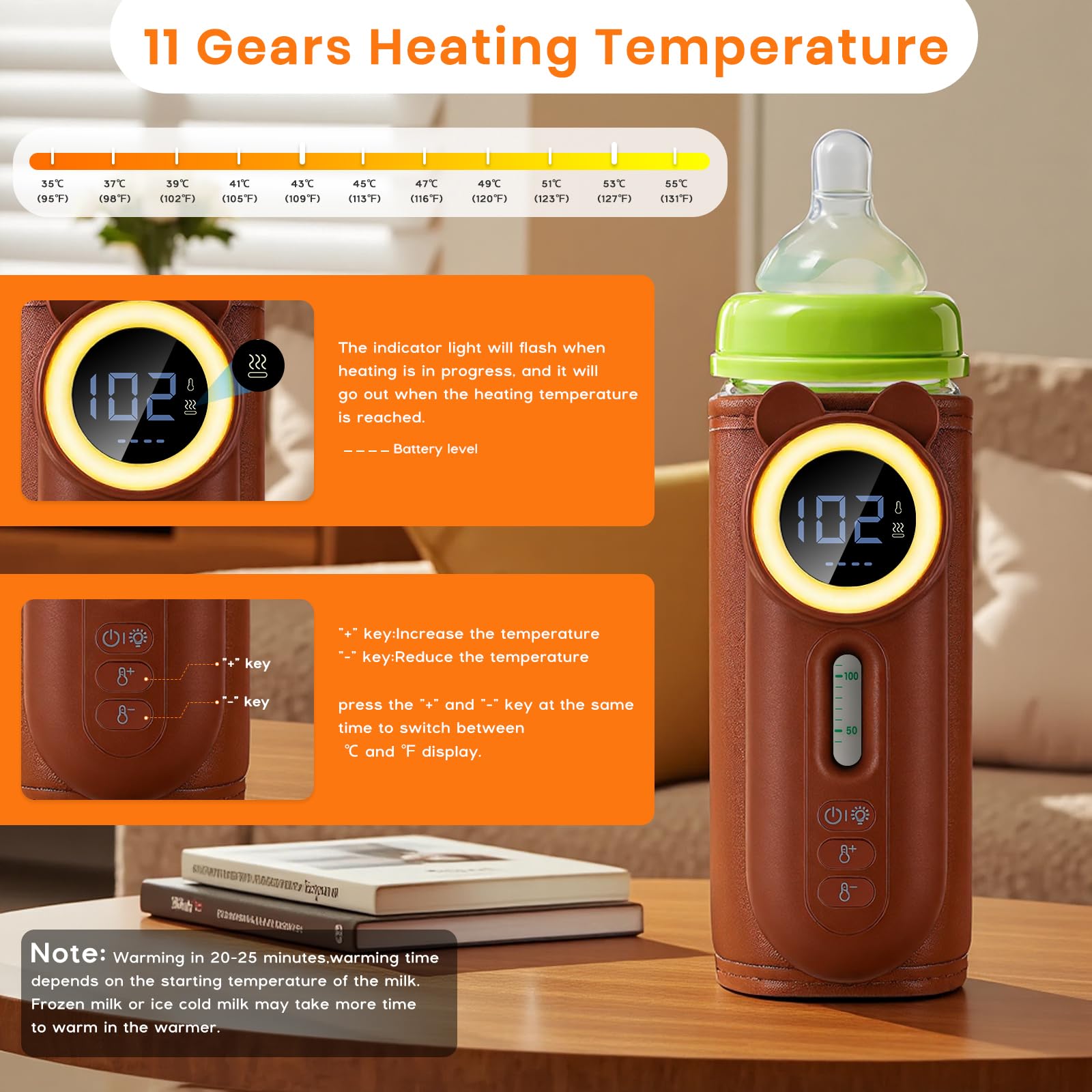 Scaldabiberon Portatile Senza Fili 11 Temperature Riscaldamento Scaldabiberon Elettrico USB Ricaricabile 10400mAh Scalda Biberon Neonato con LCD Scaldo e Luce per Acqua Latte Materno Auto Viaggio