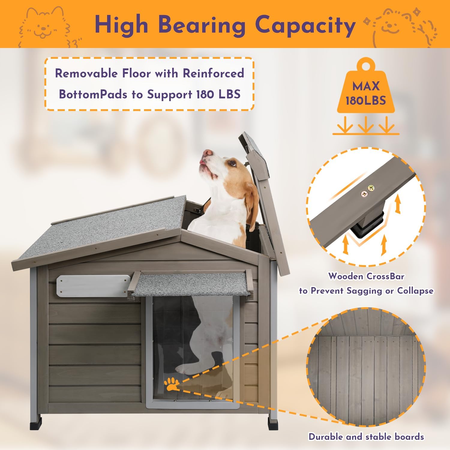 Gowoodhut Outdoor Dog House Weatherproof Large Wooden Dog Kennel Indoor for Small Dogs with Chew-Proof Frame, Oxford Fabric Window, Removable Floor Pet Shelter (Grey, 30.1" D x 18.3" W x 24" H)