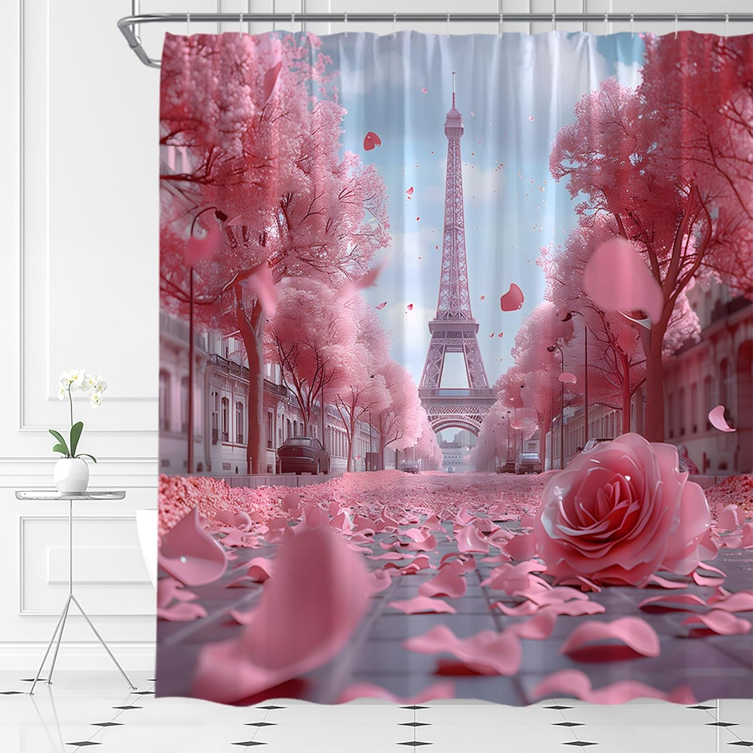 Valentine's Day Shower Curtain Romantic Leopard Print Love Hearts Holiday Fabric Bathroom Decor Set with Hooks(70" Wx84 H)
