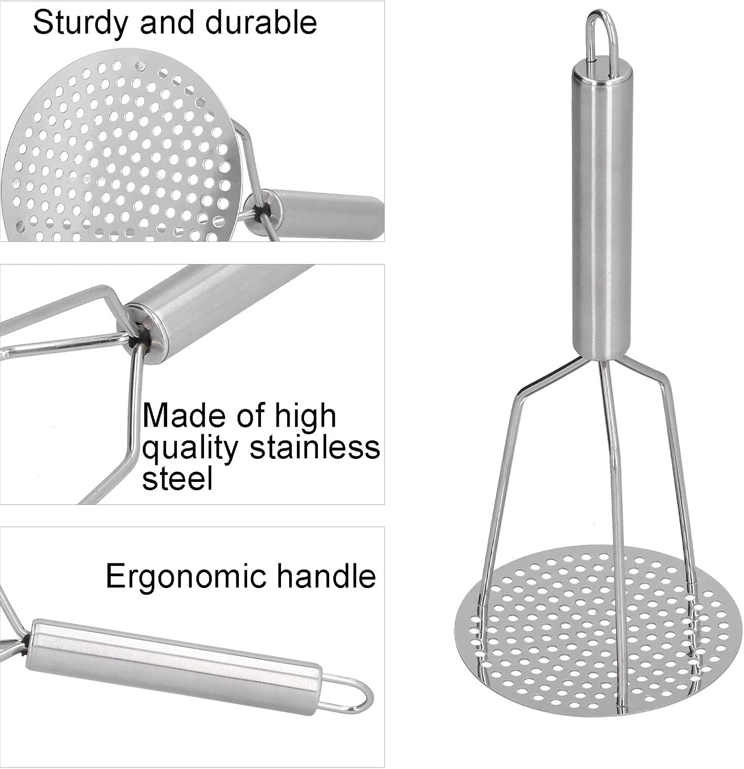 Potato Masher, Manual Stainless Steel Potato Masher for Fruit and Meat with Ergonomic Handle for Kitchen