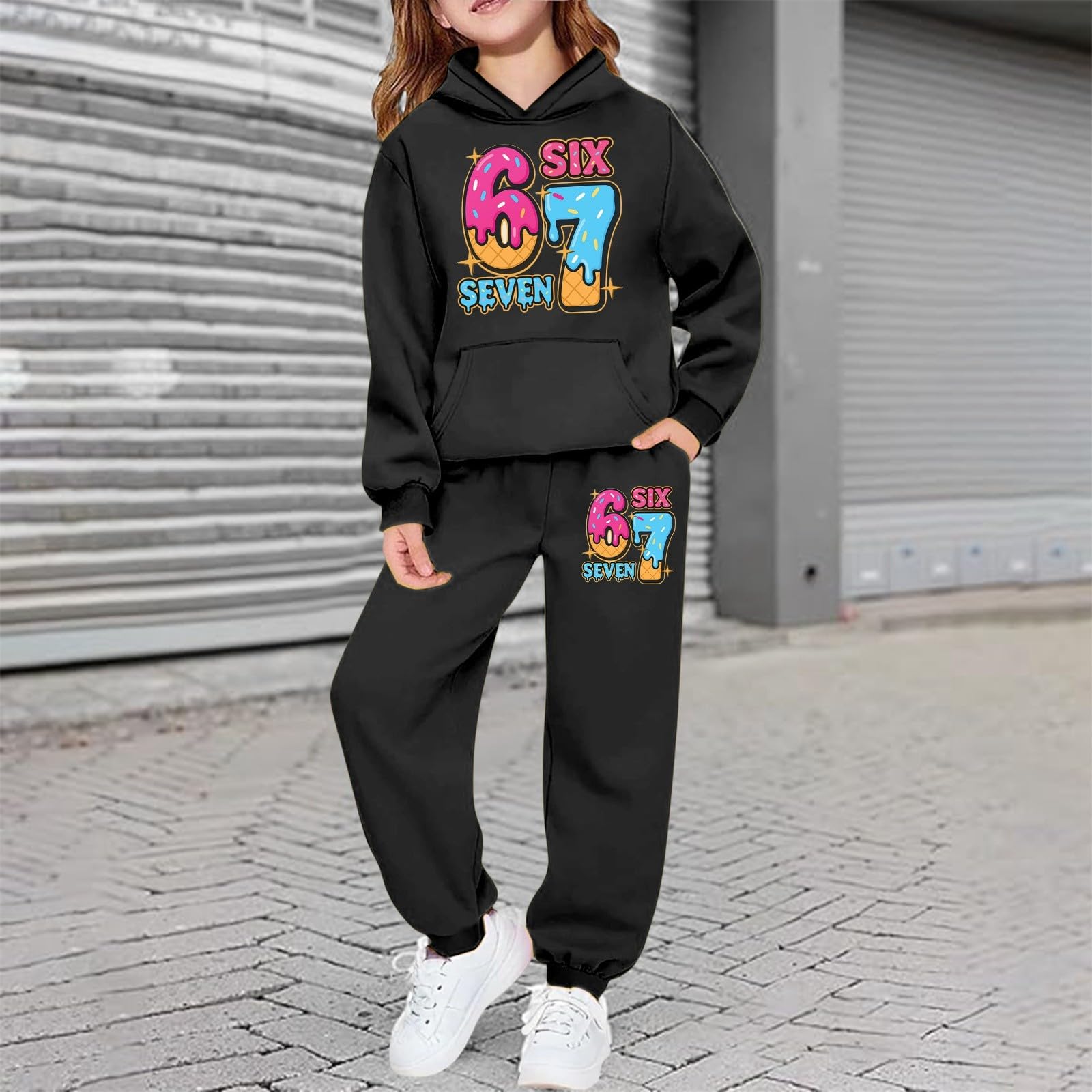 Six Seven - Traje deportivo para niños, unisex, 2 piezas, informal, de dos piezas, sudadera con capucha y pantalón, sudadera de invierno Harajuku de manga larga, chándal deportivo, para niñas y niños