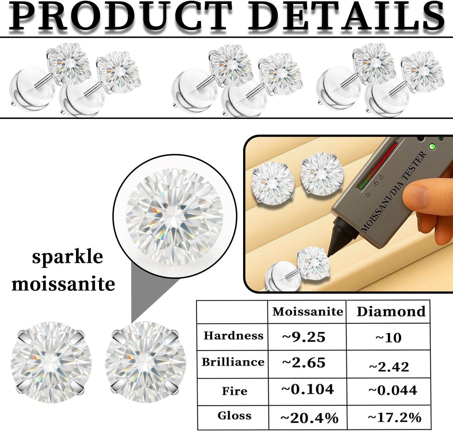 Moissanite Stud Earrings in 14K White Gold Plated Titanium | HypoAllergenic Earrings for Women & Men - Image 3