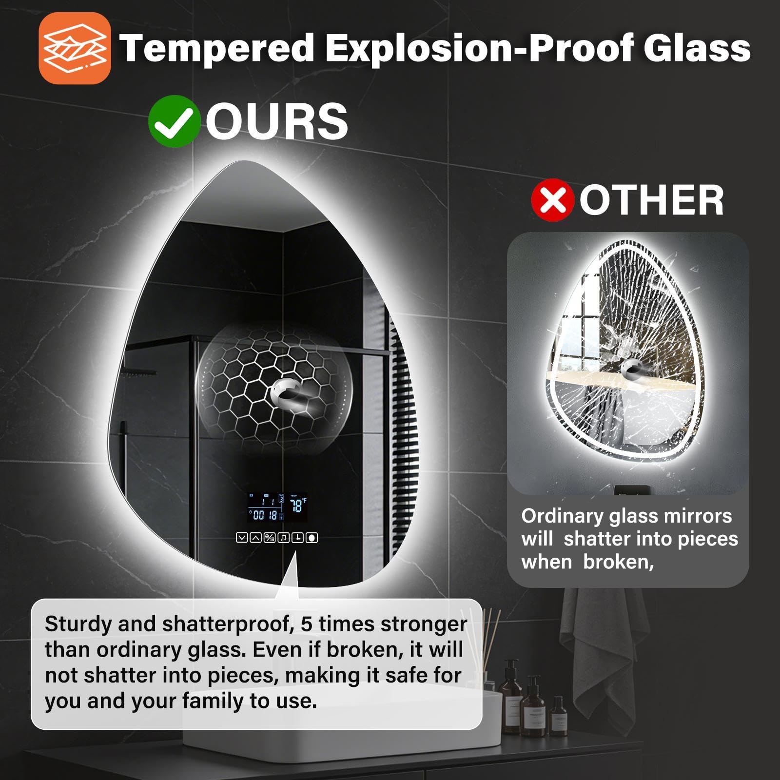 Miroir de salle de bain avec éclairage, LED, 45 x 60 cm, interrupteur tactile, intensité variable, 3 couleurs de lumière, anti-buée, fonction mémoire, haut-parleurs Bluetooth, protection contre