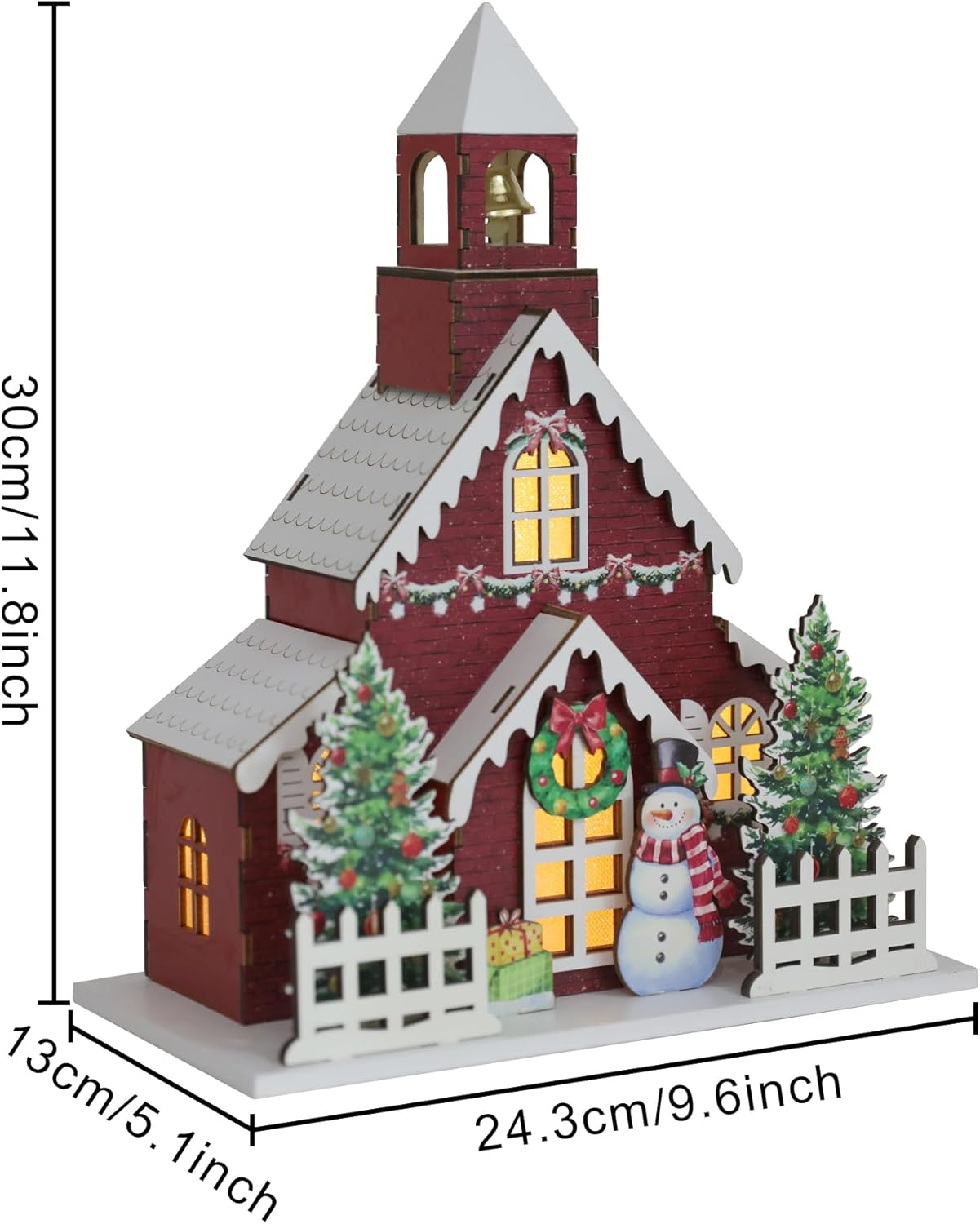 Wooden Lighted Christmas Church Decor-11.8" Xmas Village Chapel with Bell Tower, LED Lights, Snowman-Battery Operated Rustic Farmhouse Tabletop Centerpiece for Mantel Holiday Home Decor