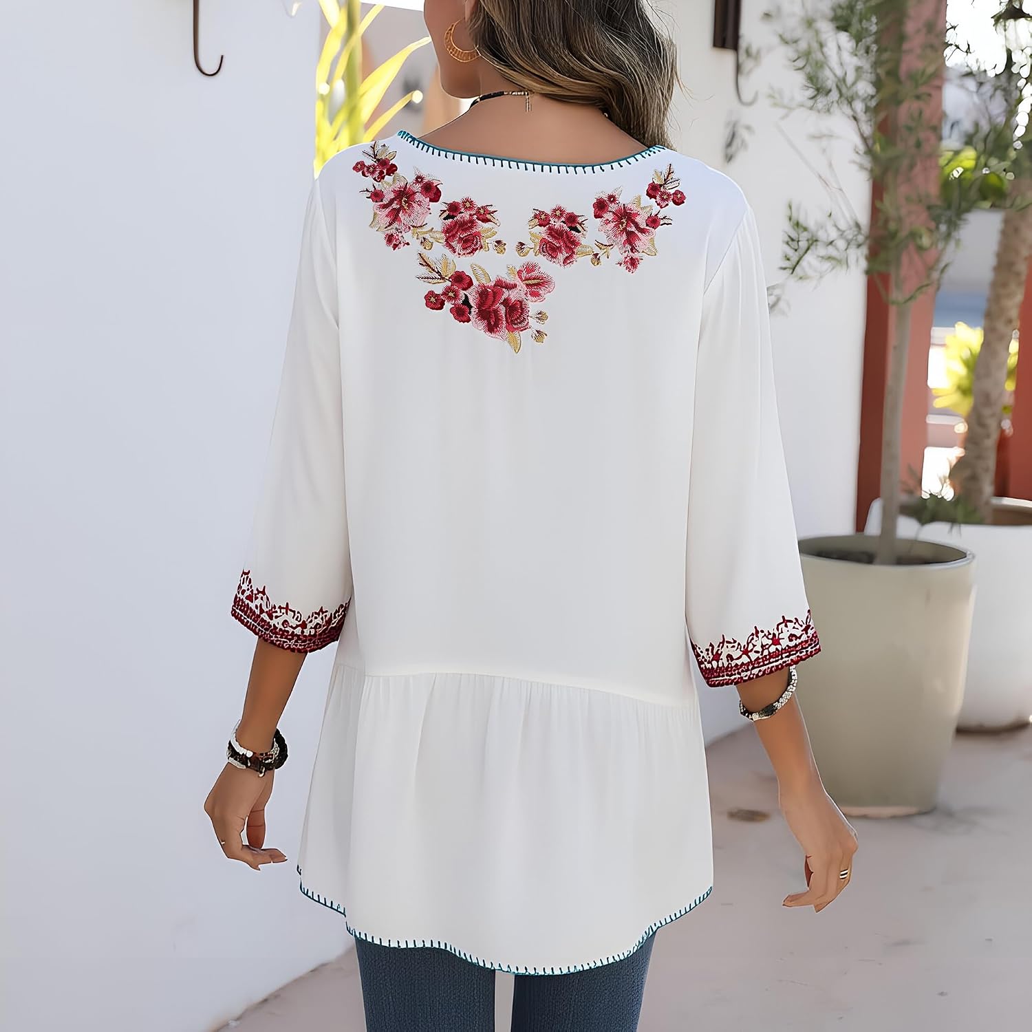 3/4 Sleeve Floral Embroidered Peasant Top for Women Plus Size Mexican Boho Blouse, Casual Vacation Tunic, Soft Cotton