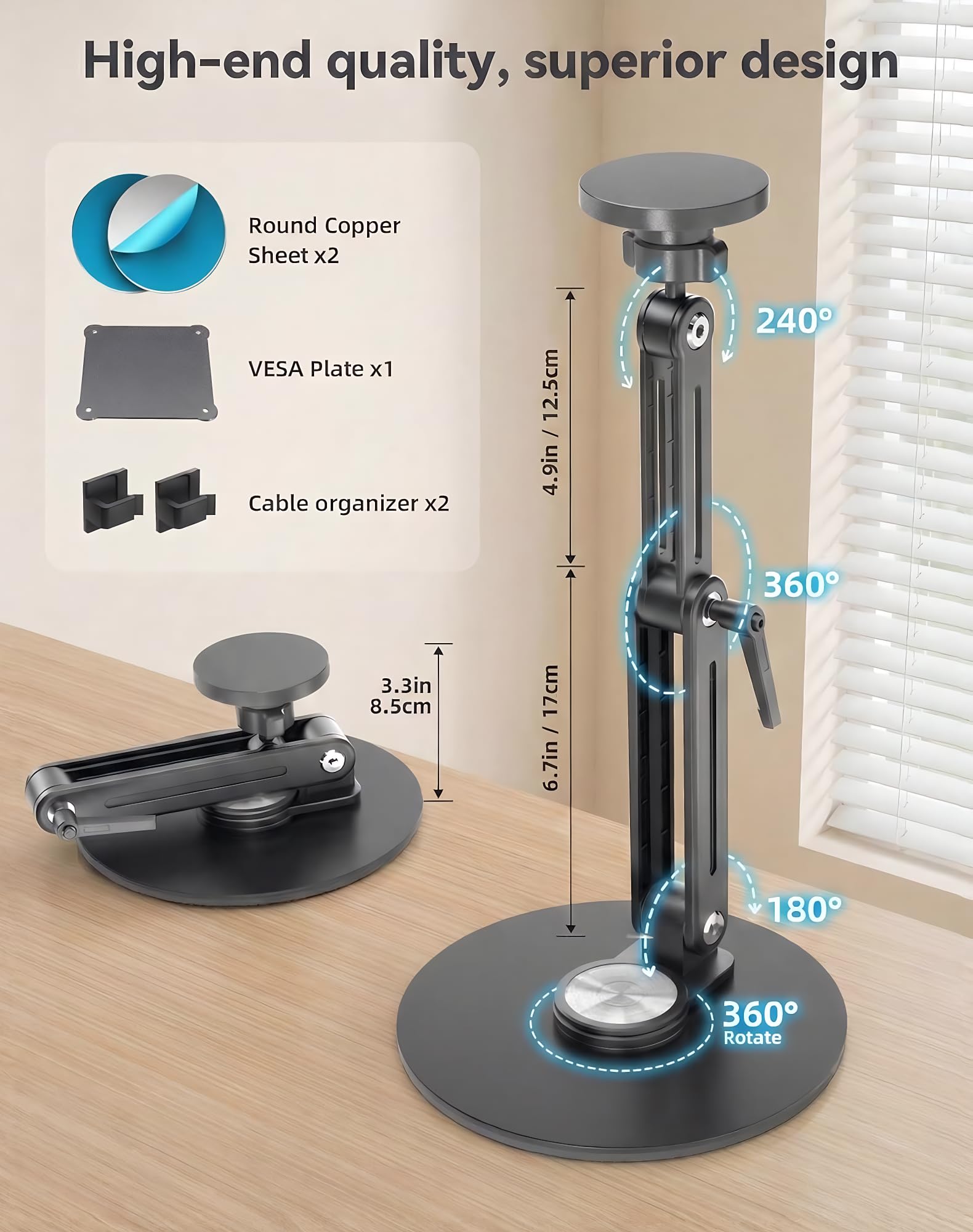 Support Tablette Écran Portable Magnétique Aluminium 360° Rotatif Pliable Réglable Compatible 4.7"-18.5" iPad Moniteur VESA 75mm