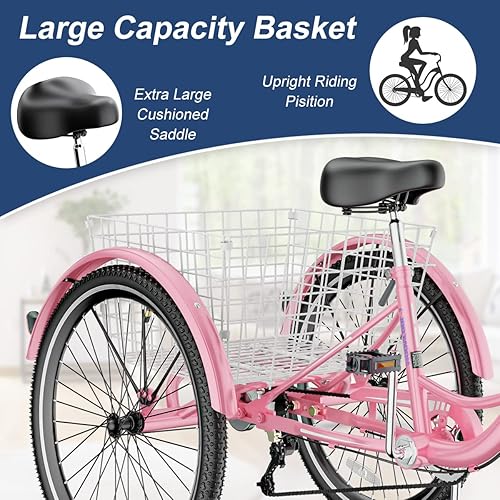 Miniatura 4 de Triciclos para adultos, 7 velocidades para adultos, bicicletas de 3 ruedas de 202426 pulgadas, bicicleta de crucero con cesta para personas mayores,