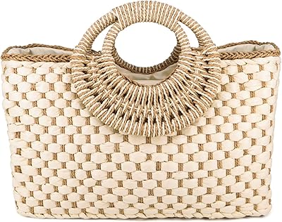 QTKJ Women Summer Retro Straw Bag with Zip Hand-woven Beach Handbag Top Round Handle Boho Tote Bag Shopping and Travel Large Bag (Beige 2)