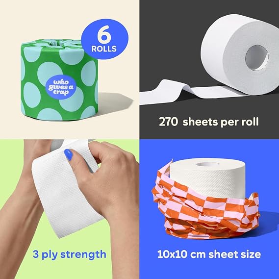 Who Gives A Crap 6 Mega Toilet Rolls – 100% Recycled Paper, 3 Ply, 270 Sheets per Roll (Equals 9 Standard Rolls) – Soft, Strong Toilet Tissue for Bathroom Use