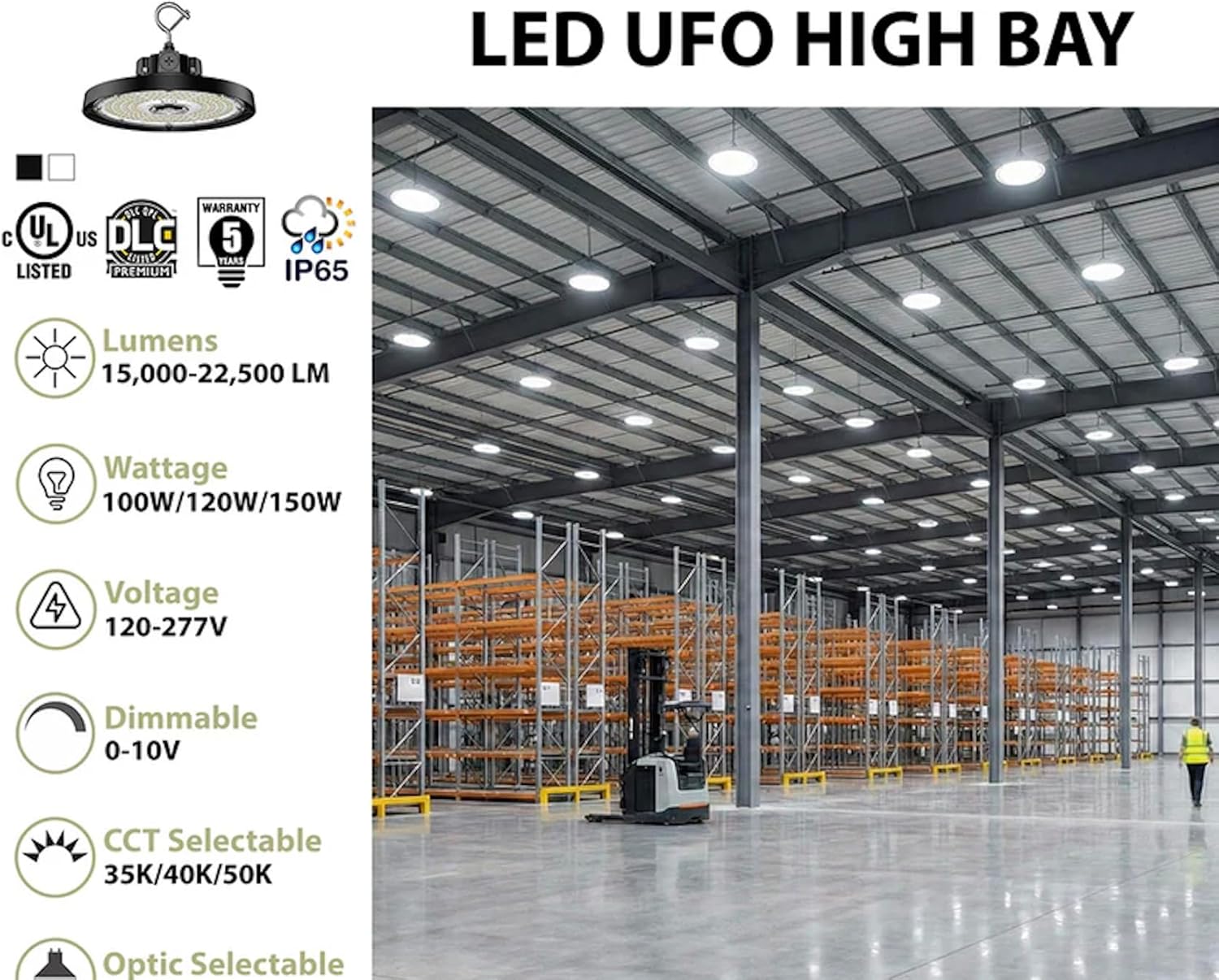 WareLight Aries G5 UFO LED High Bay Light, 150W Wattage Selectable, 22,500 Lumen Max, CCT Selectable, 3-in-1 Optic,120-277V, Black Finish