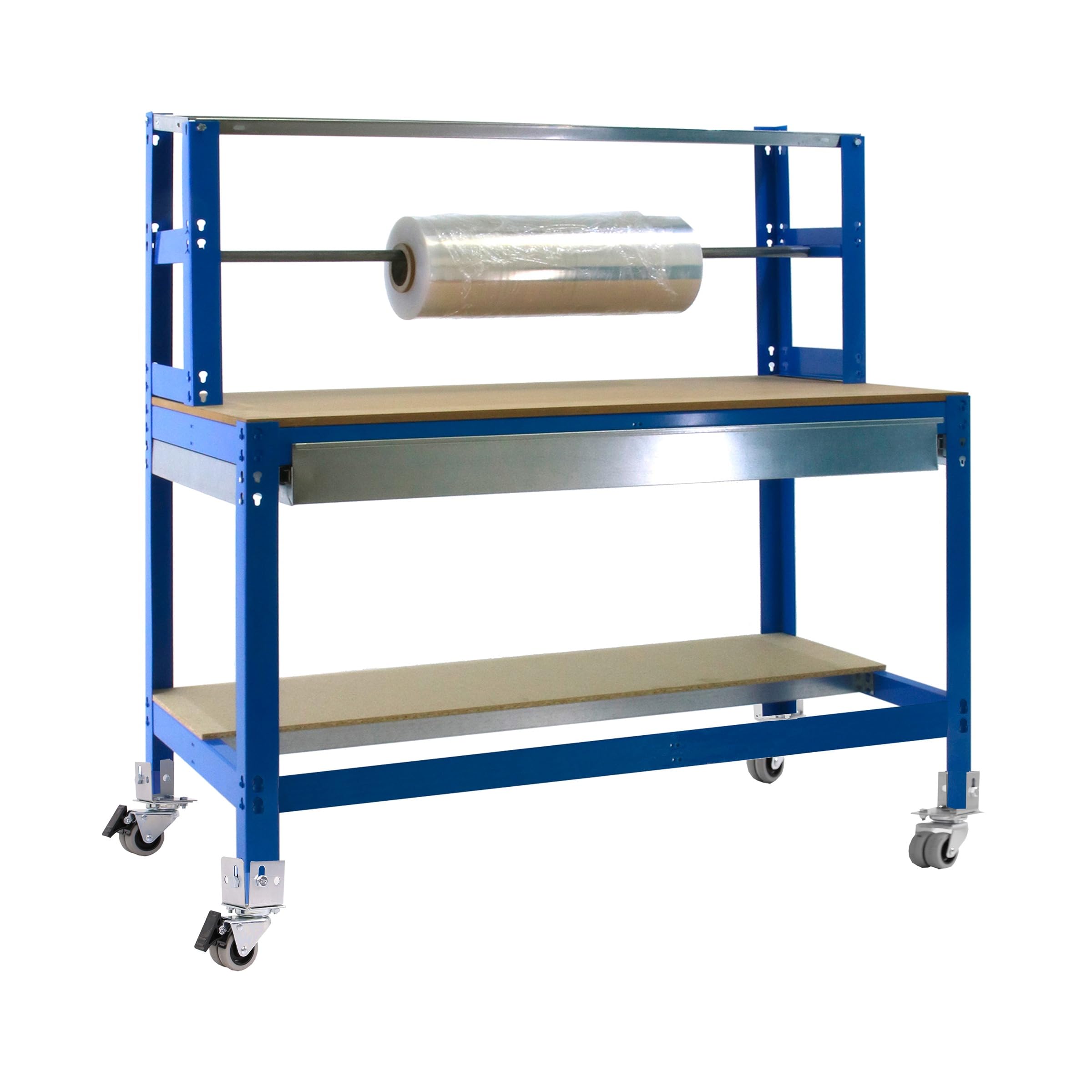 Simon Rack Banco de Trabajo Taller con Ruedas 910x760 mm - BT4 | Porta Rollo y Cajón, Tablero madera 16 mm, Capacidad Carga 120 kg, Azul , Pintura anticorrosión, Montaje sistema clic
