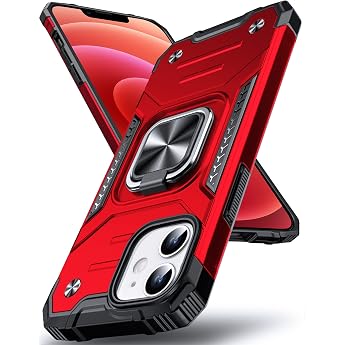 DASFOND Armor Case for iPhone 12 Mini Case Military Shockproof Mobile Phone Case [Upgrade 2.0] 360 Degree Metal Ring Holder Stand Protective Case [for Mobile Phone Holder Car Magnet] 5.4 Inches Red