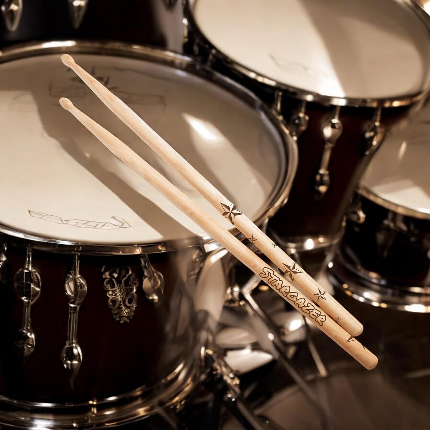 Vital Signs Personalized Engraved 5A Drumsticks – Hickory Wood Tip Customized Drumsticks for Drums with Name or Text – 1 Pair Wooden Drums sticks Gift for Musicians, Drummers, Bands (Star Rocker)