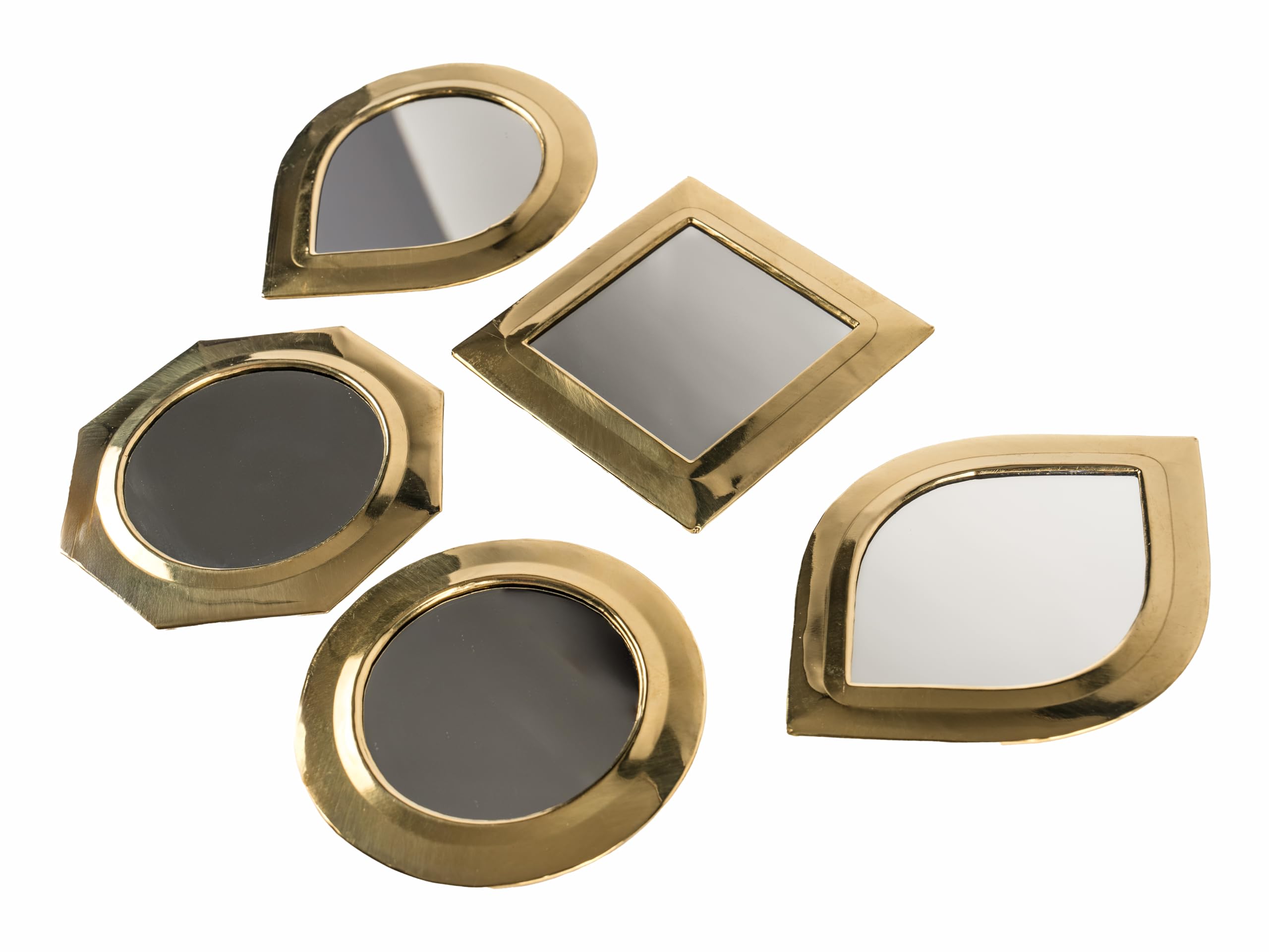 Conjunto de 5 Mini Espejos Decorativos, Marco de Latón Dorado, 10-14 cm, Diseño Marroquí Artesanal, Formas Variadas