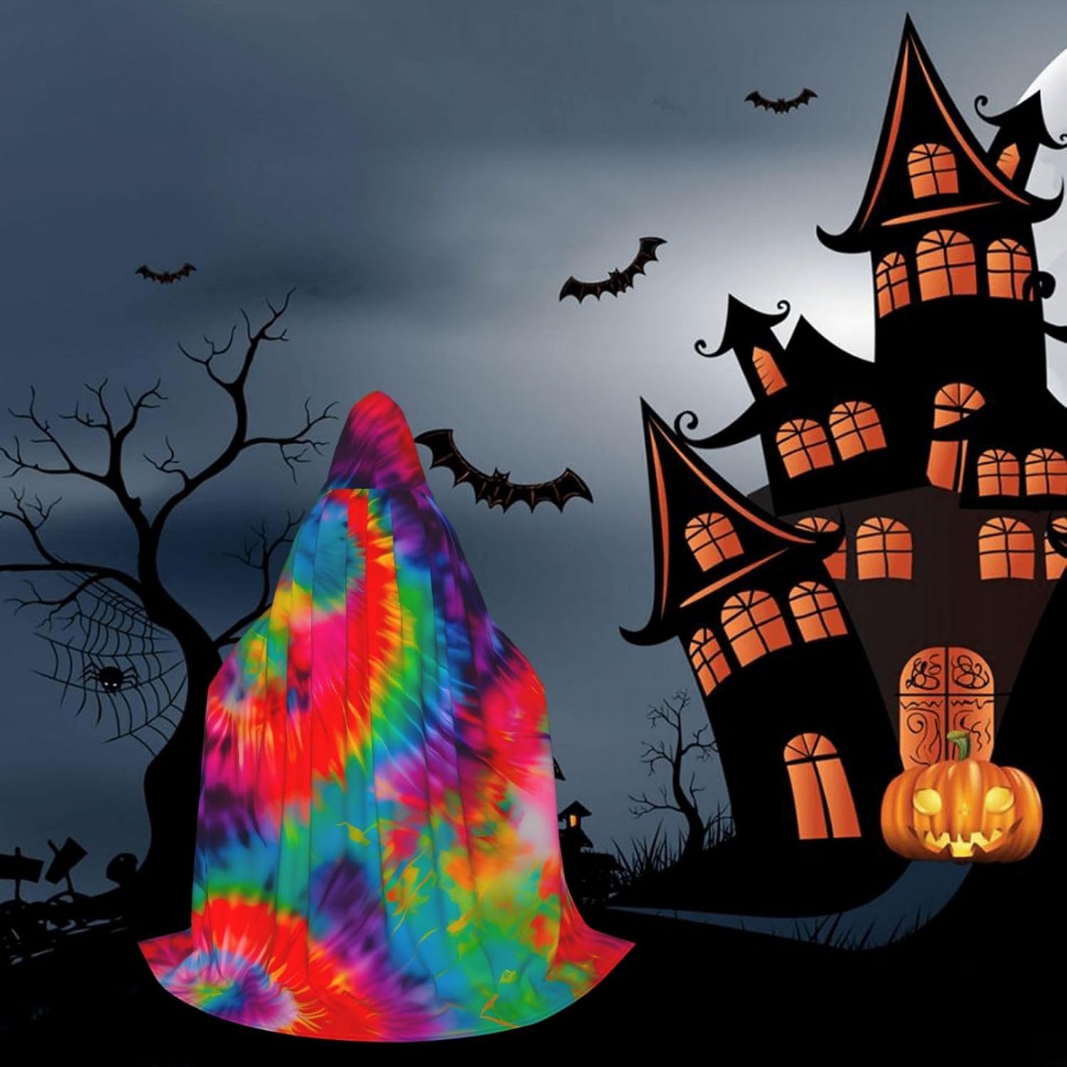Colorful Tie Dye pattern print Wizard Hooded Robe Medieval Cape Renaissance Cloak for Men Women Halloween Costume