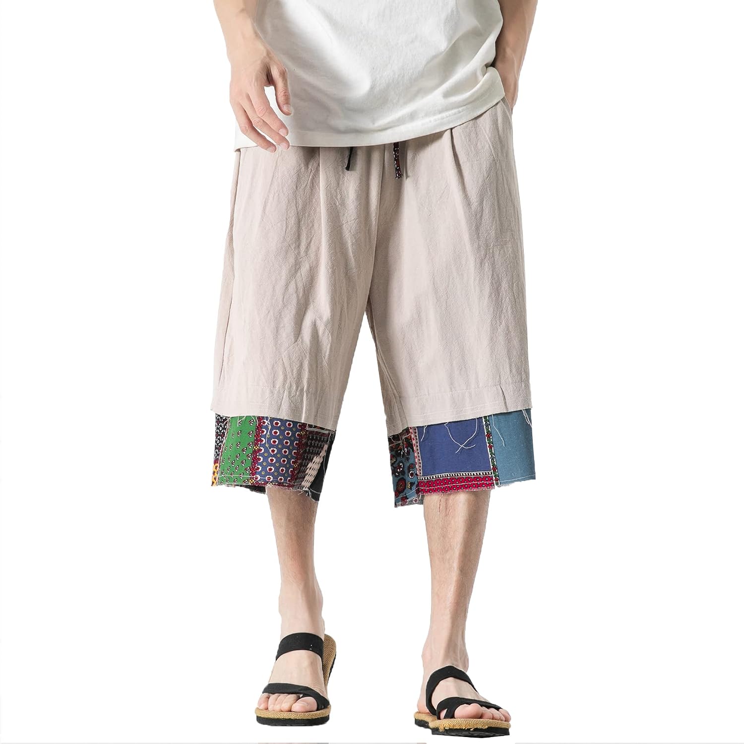 DOSLAVIDA Men's Linen Harem Capri Pants Loose Fit Yoga Beach Shorts Elastic Waist Wide Leg Baggy Cropped Trousers