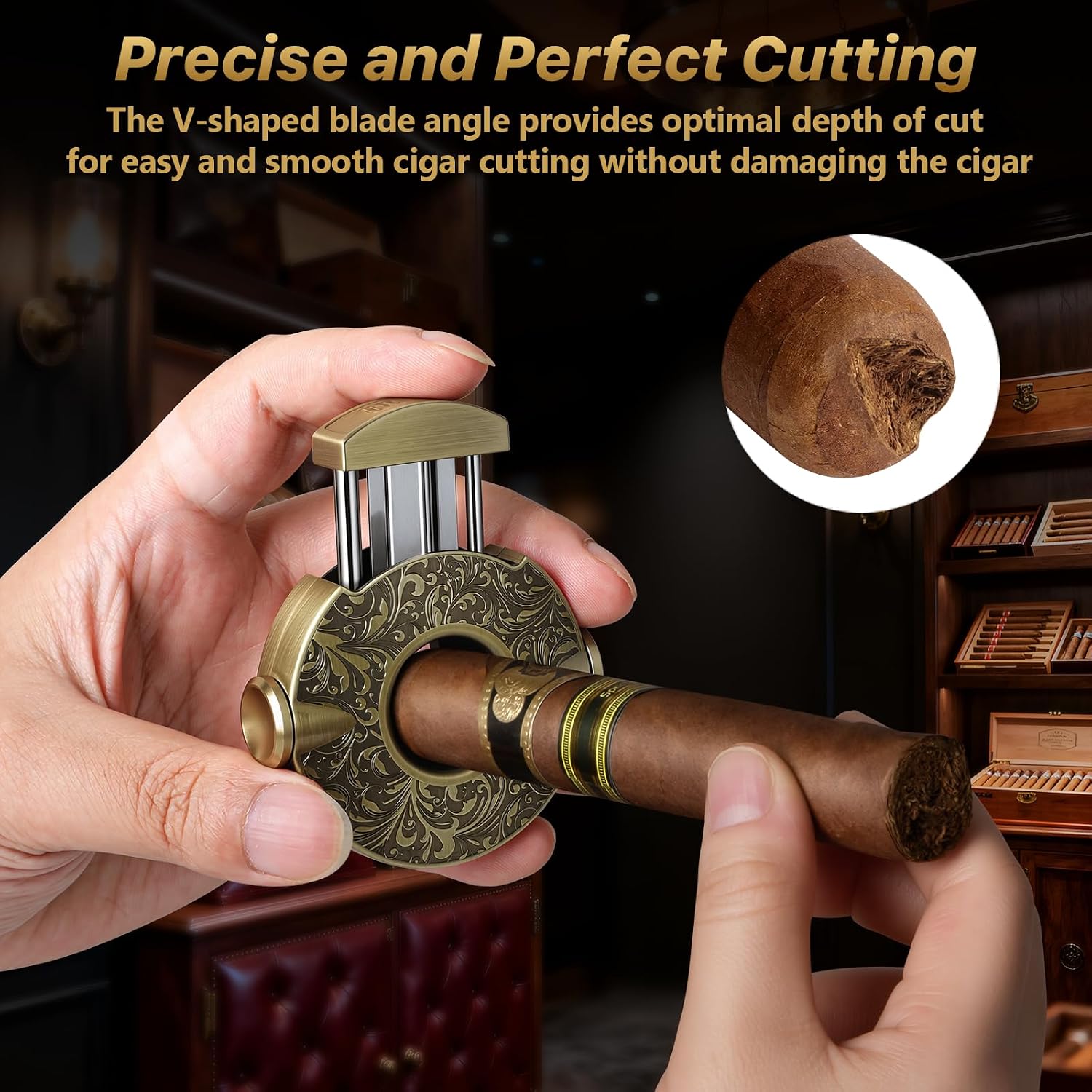 3-in-1 Multifunctional Zinc Alloy Round Cigar Cutter Exquisitely Engraved Cigar Accessory, Integrated V-Cutter, Cigar Holder & Stress Relief Fidget Spinner, Premium Gift for Men image 2
