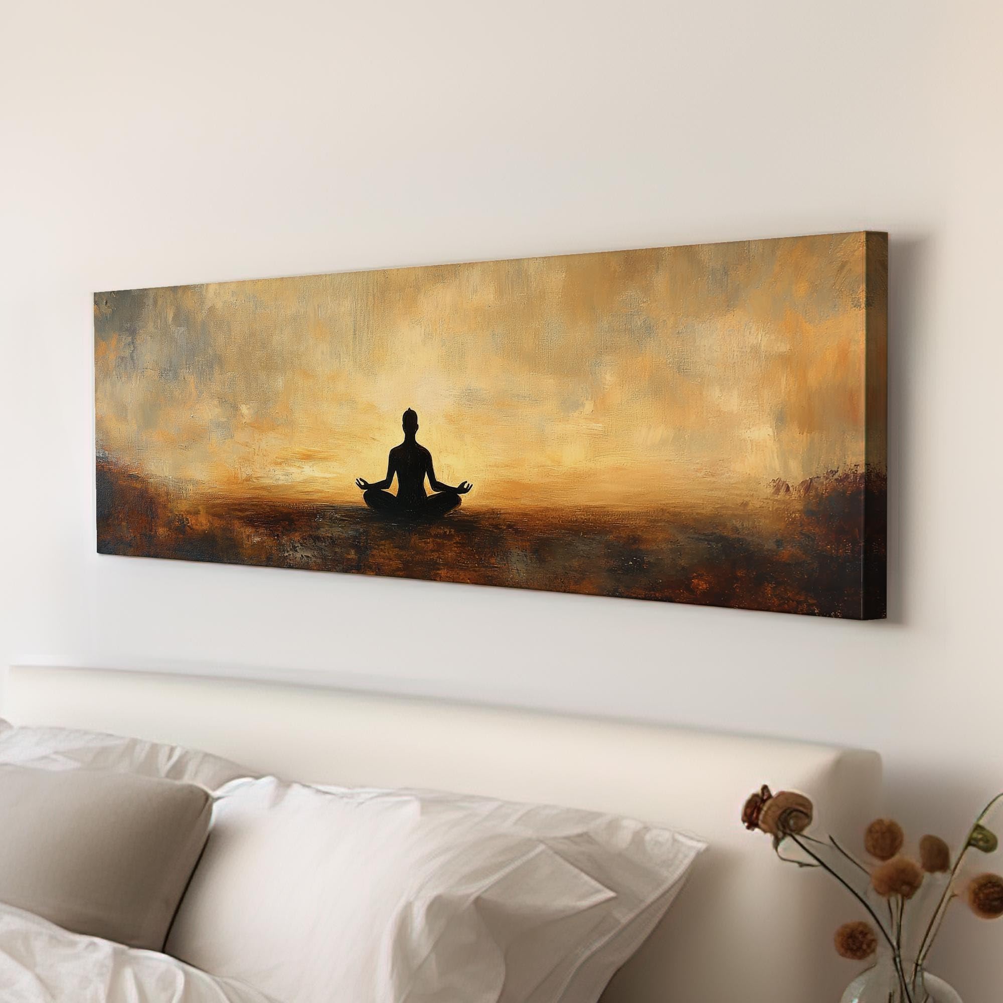 LMYCHENG Serene Yoga Canvas Art Painting Print | Zen Minimalist Wall Art For Living Room | Golden Art Panoramic Wall Pictures(20x60cm/Frameless)