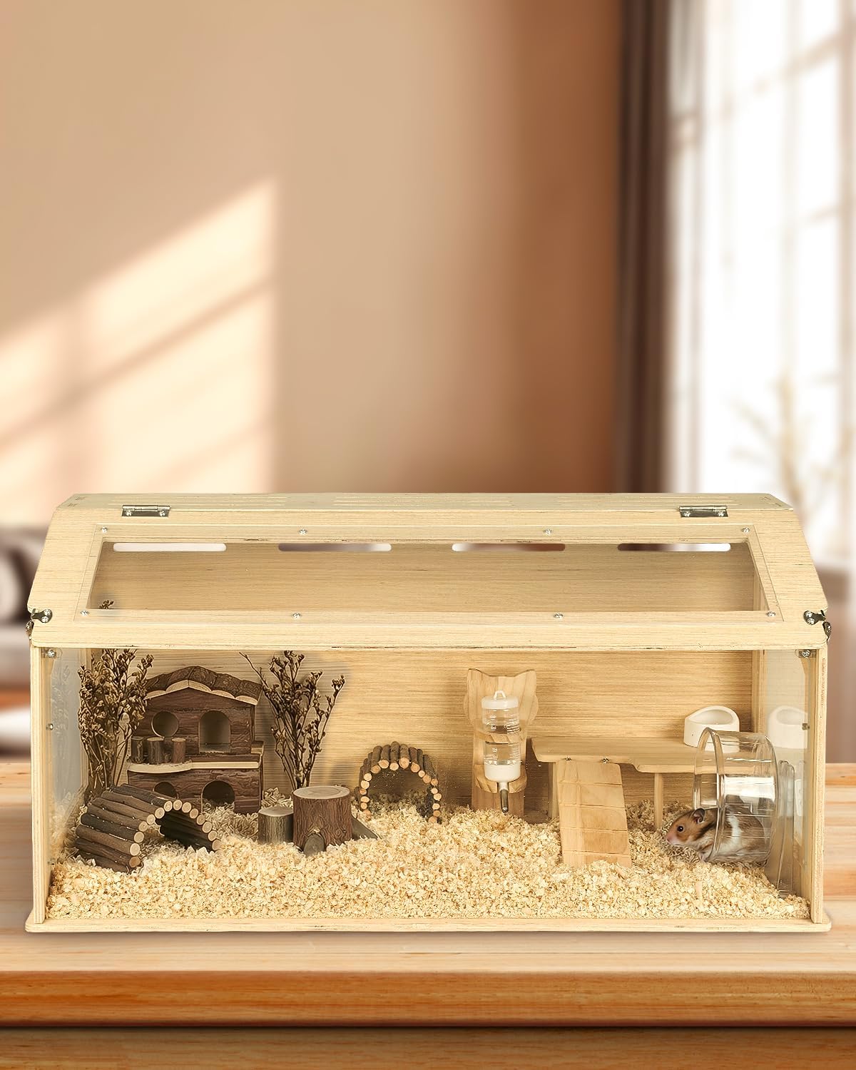 Large Wooden Hamster Cage, 31.5" Portable Habitat with Acrylic Panels & Openable Top, Includes Water Bottle, Fences and Platform for Syrian Hamsters, Dwarf Hamsters, Gerbils