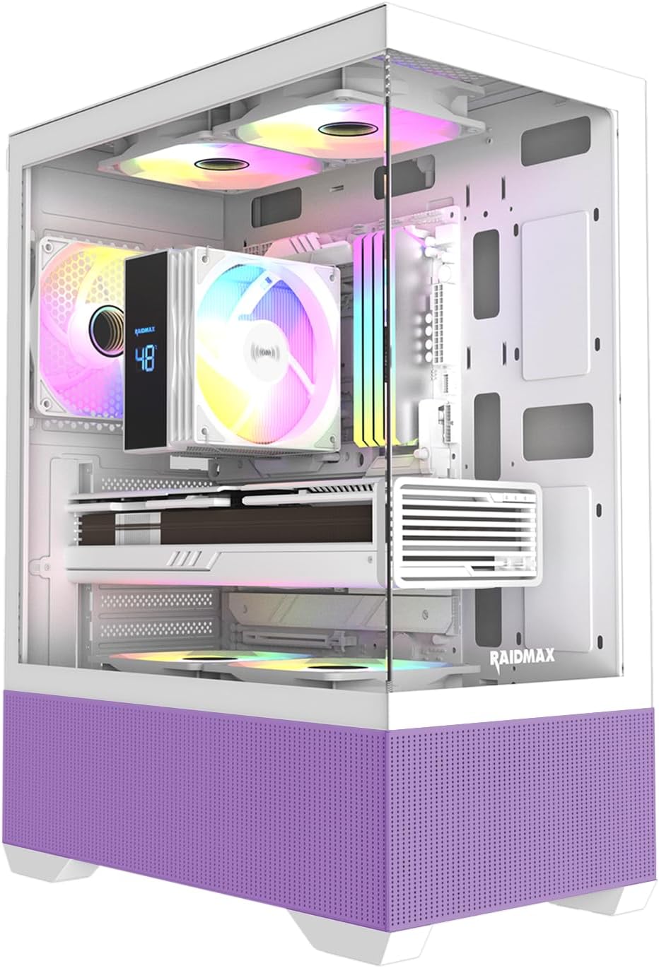RAIDMAX i802 Vibe Compact ATX Gaming PC Case, 5X Fixed RGB Fans Pre-Installed, Panoramic Tempered Glass, High Airflow Mid Tower Chassis, Supports 320mm GPU & 240mm Radiator (Purple)