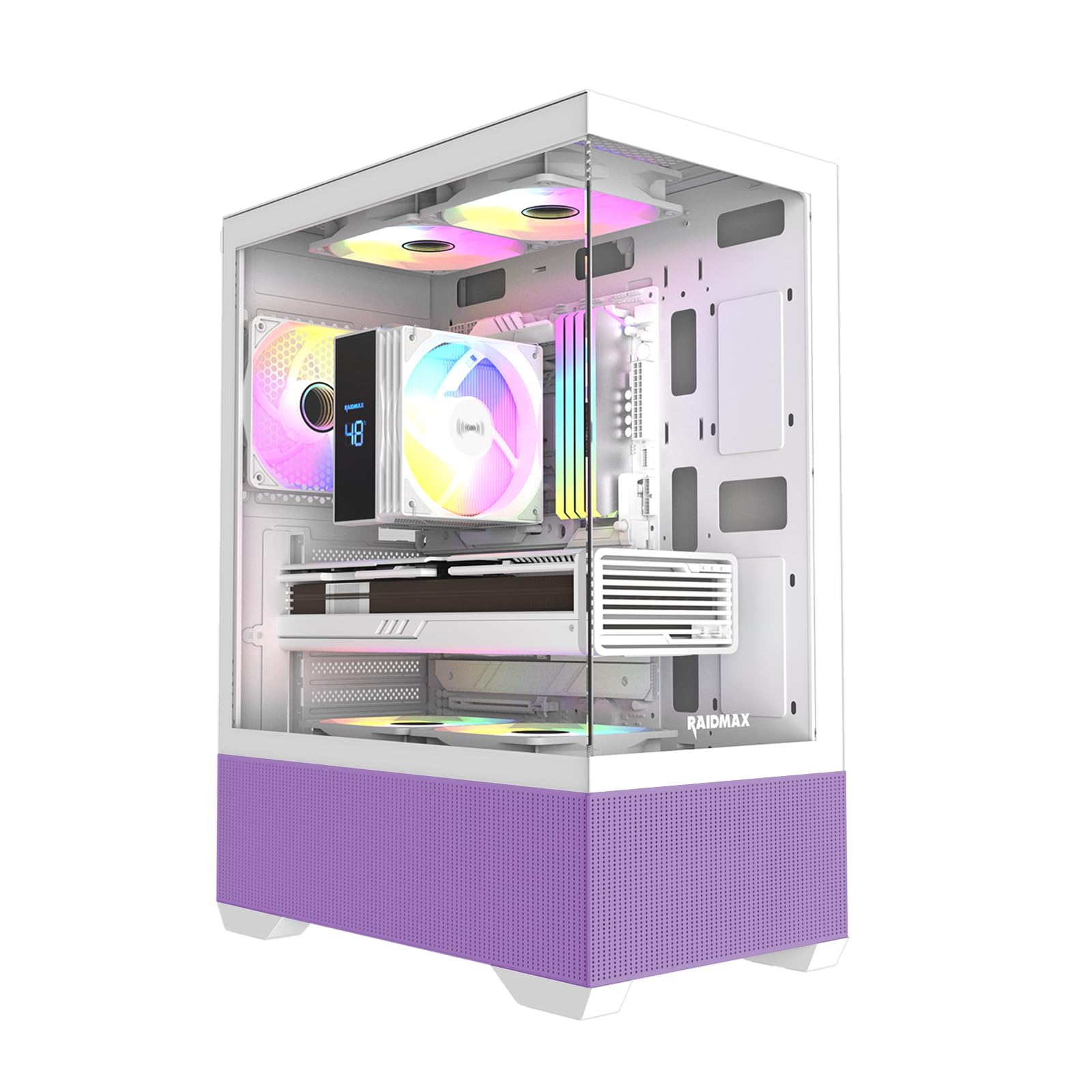 RAIDMAX i802 Vibe Compact ATX Gaming PC Case, 5X Fixed RGB Fans Pre-Installed, Panoramic Tempered Glass, High Airflow Mid Tower Chassis, Supports 320mm GPU &amp; 240mm Radiator (Purple)