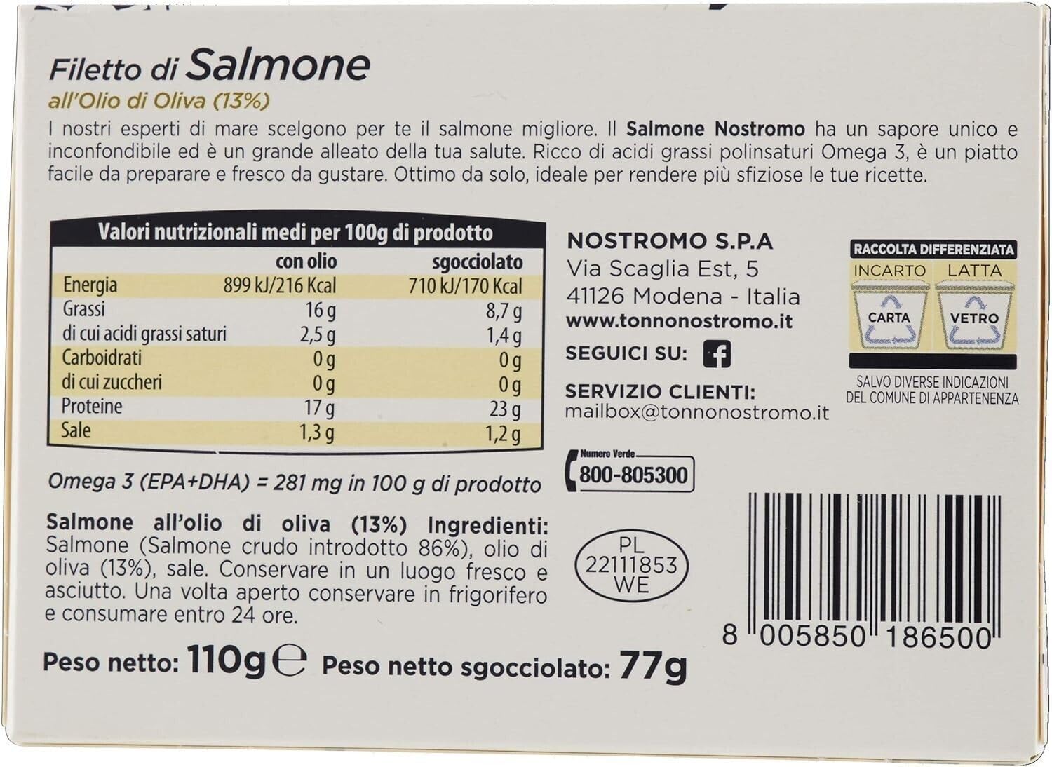 5x Nostromo Filetto di Salmone Olio di Oliva,Pesce in Scatola,Lattina da 110g + 1 Confezione di Talco Felce Azzurra in omaggio, Busta da 100g