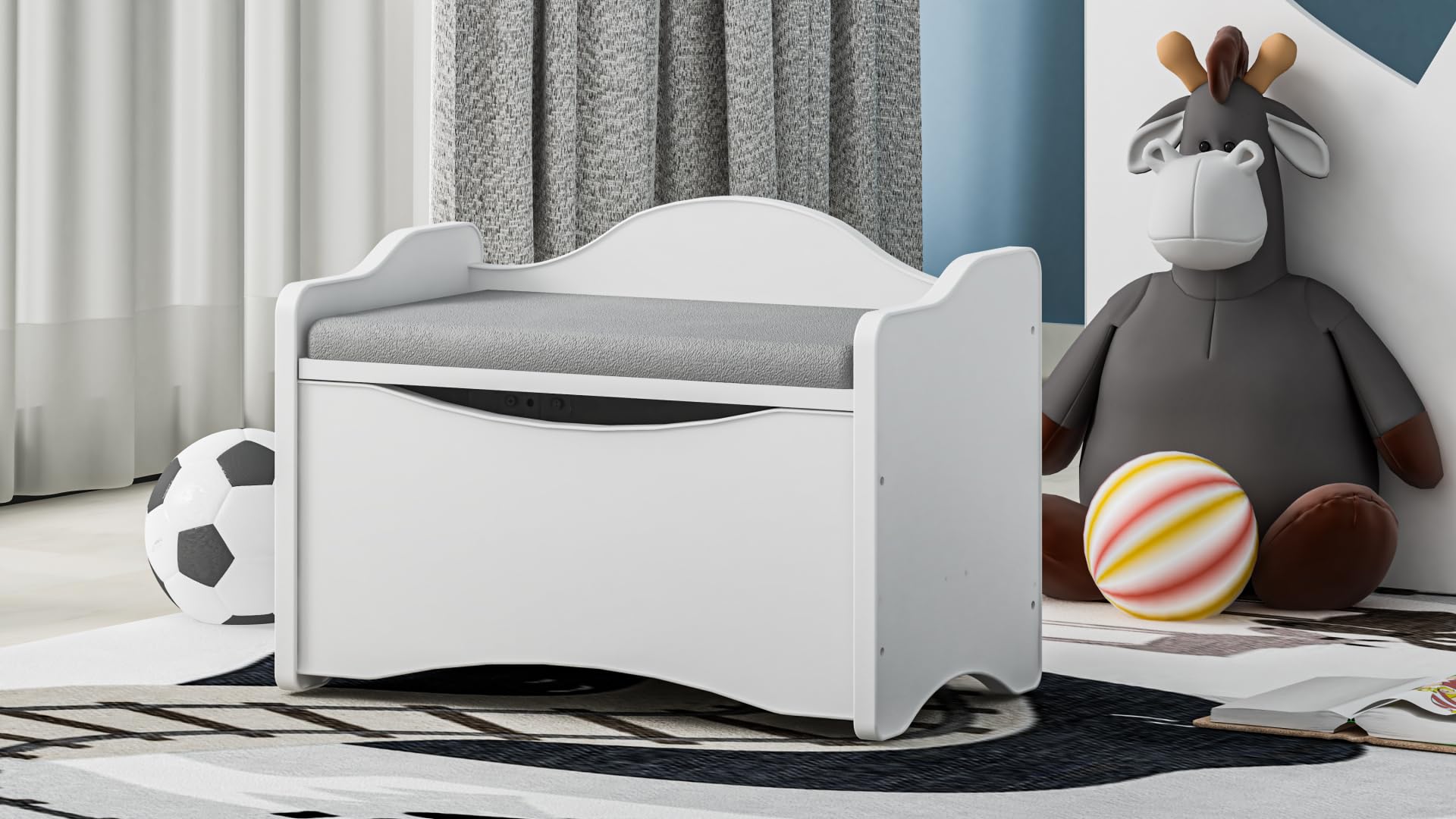 Happy Babies Spielzeugkiste Sitzbank Kindersitzbank Weiß mit Stauraum Sitztruhe Kinder Aufbewahrungskiste für Kinderzimmer