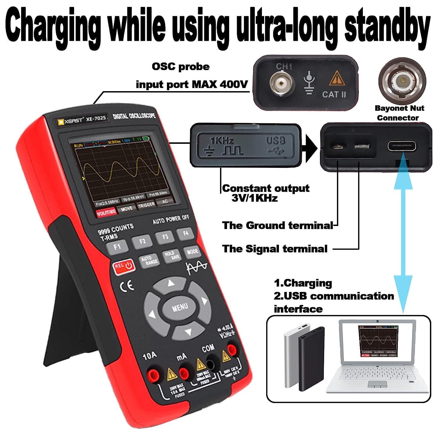 Handheld Oscilloscope Multimeter 2 in 1， 9999 Counts Digital Multimeter, 48MSa/s High Sampling Professional Oscilloscope，Auto-Calibration Function, Memory Function，DC/AC Voltage/Current Test