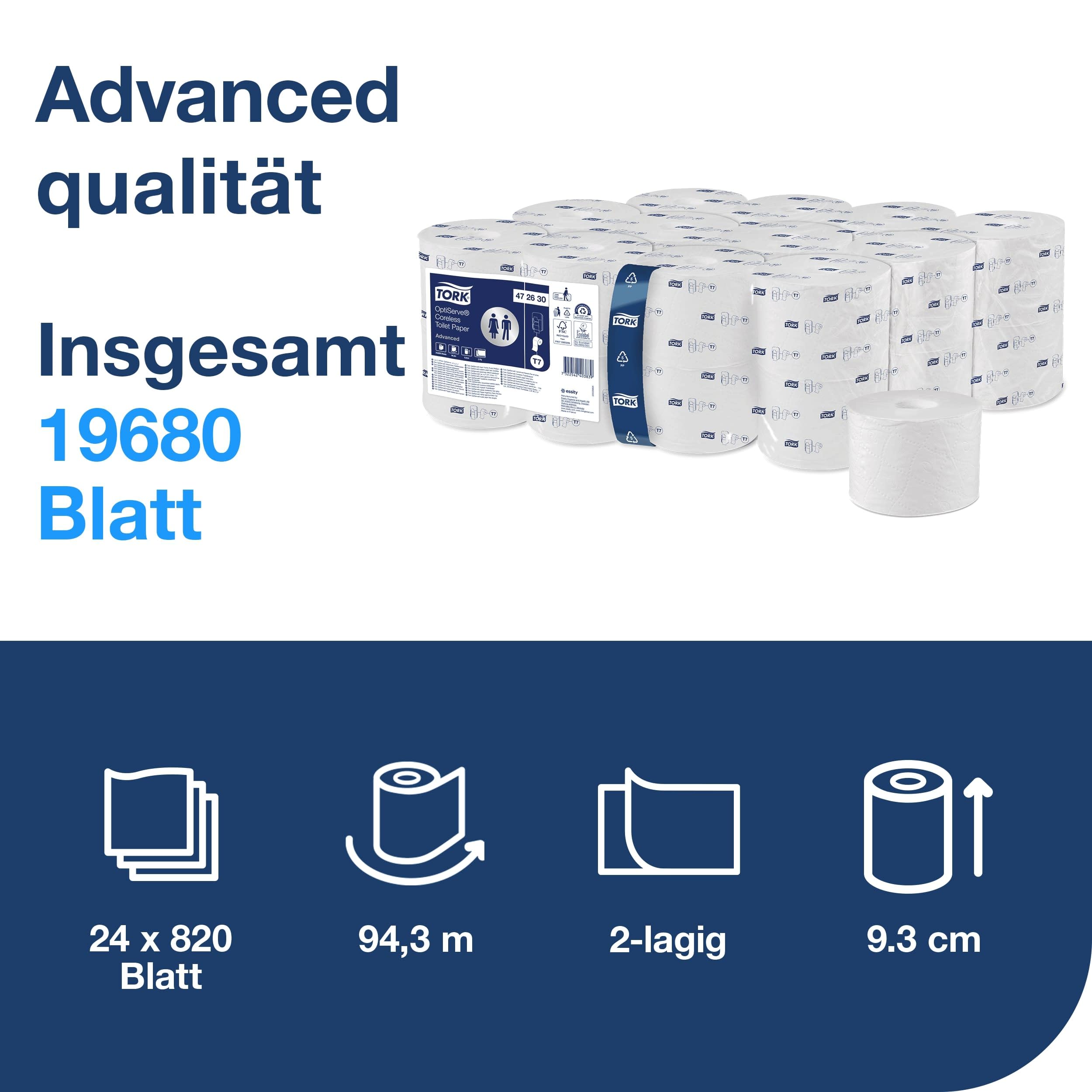 Tork OptiServe 472630 Sleeveless Toilet Paper White T7, Advanced, 2-Ply, 24 × 820 Sheets