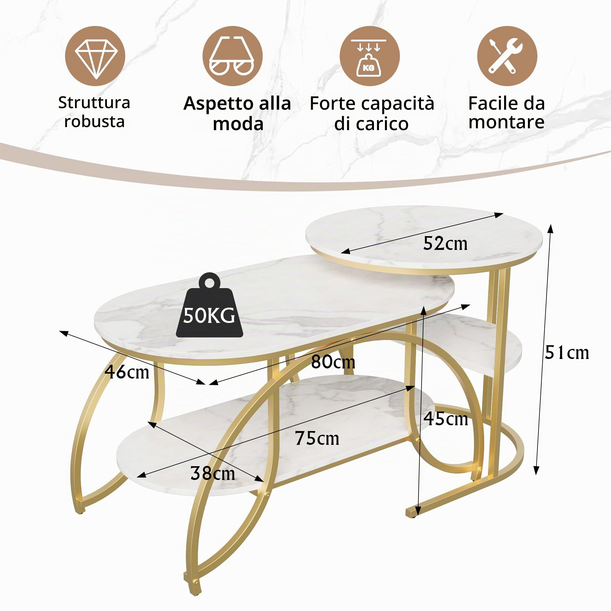 Set di 2 Tavolini da Caffè, Tavolini Sovrapponibili da Salotto Tavolini Rotondi da Caffè Tavolini da Salotto Effetto Marmo Bianco Tavolo Soggiorno Moderno Telaio in Metallo Gambe D'oro (Stile D)