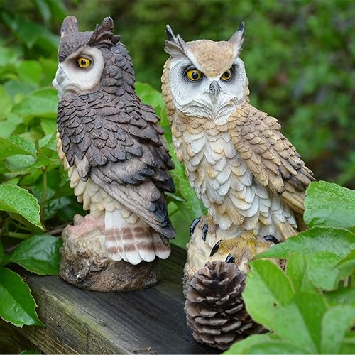 Miniatura 8 de DEAYOU Paquete de 2 estatuas de búho con cuernos falsos, escultura de búho de resina pequeña de 7 pulgadas de alto, figuras de búhos artificiales