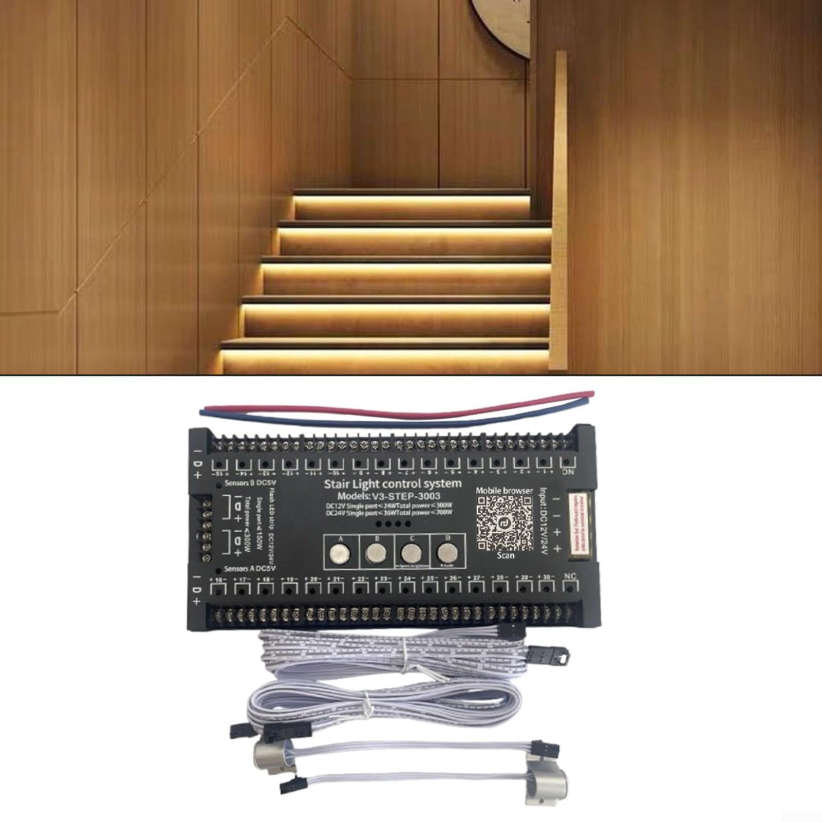 Kit di controllo per luci scale a 32 canali, sensore di movimento a LED, sistema di illuminazione a gradini con 18 modalità di illuminazione, regolabile e lunghezza della striscia per scale interne