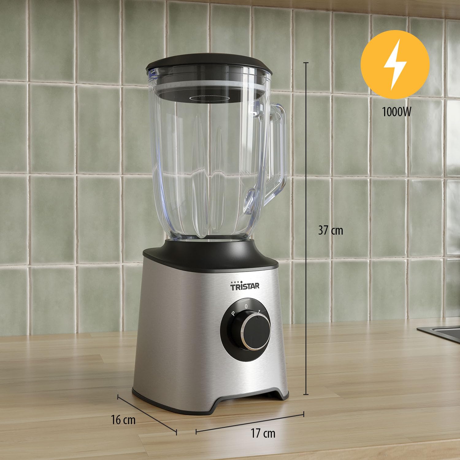 Tristar Blender de Table, Bol en Verre 1,5 L, Moteur 1000 W, Corps en Acier Inoxydable, 2 Vitesses, Facile à Nettoyer, BL-4489