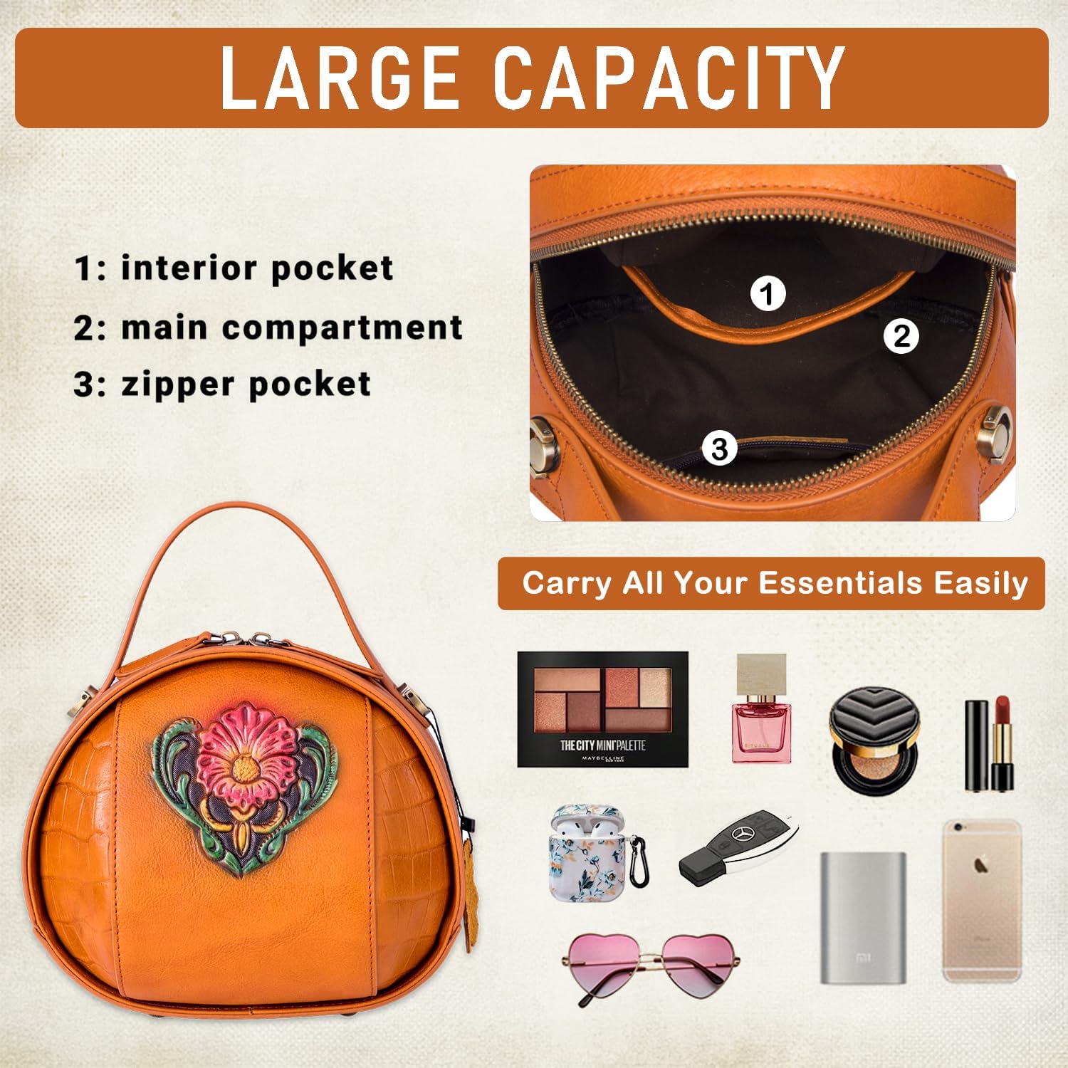 Vintage Genuine Leather Crossbody Bag for Women – Small Structured Top Handle Purse with Hand-Embossed Flower