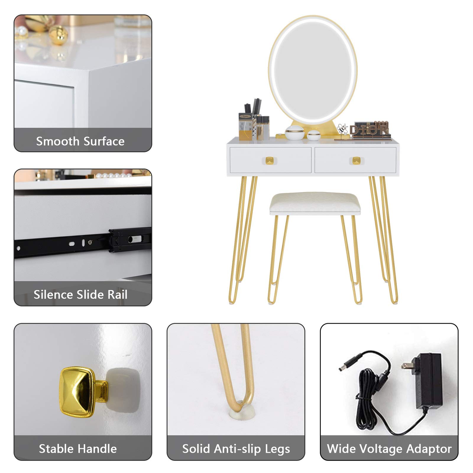 Vanity Table Set with 3 Color Lighted Mirror & Stool, Makeup Vanity