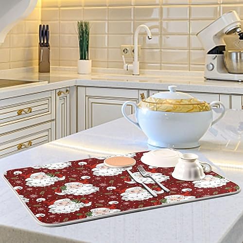 Miniatura 6 de Tapete de secado de platos rojo de Papá Noel de Navidad para cocina, tapete de secado de microfibra absorbente reversible para platos, tapete grande