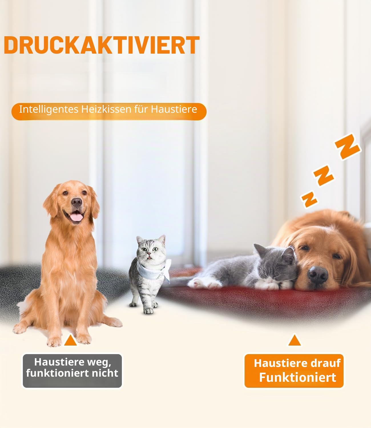 uncn Heizkissen für Hunde und Katzen, druckaktiviertes Haustier-Wärmekissen, automatisch, elektrisch, beheizt, für den Innenbereich, Wärmekissen mit kaufester Kordel, einstellbare Temperatur,
