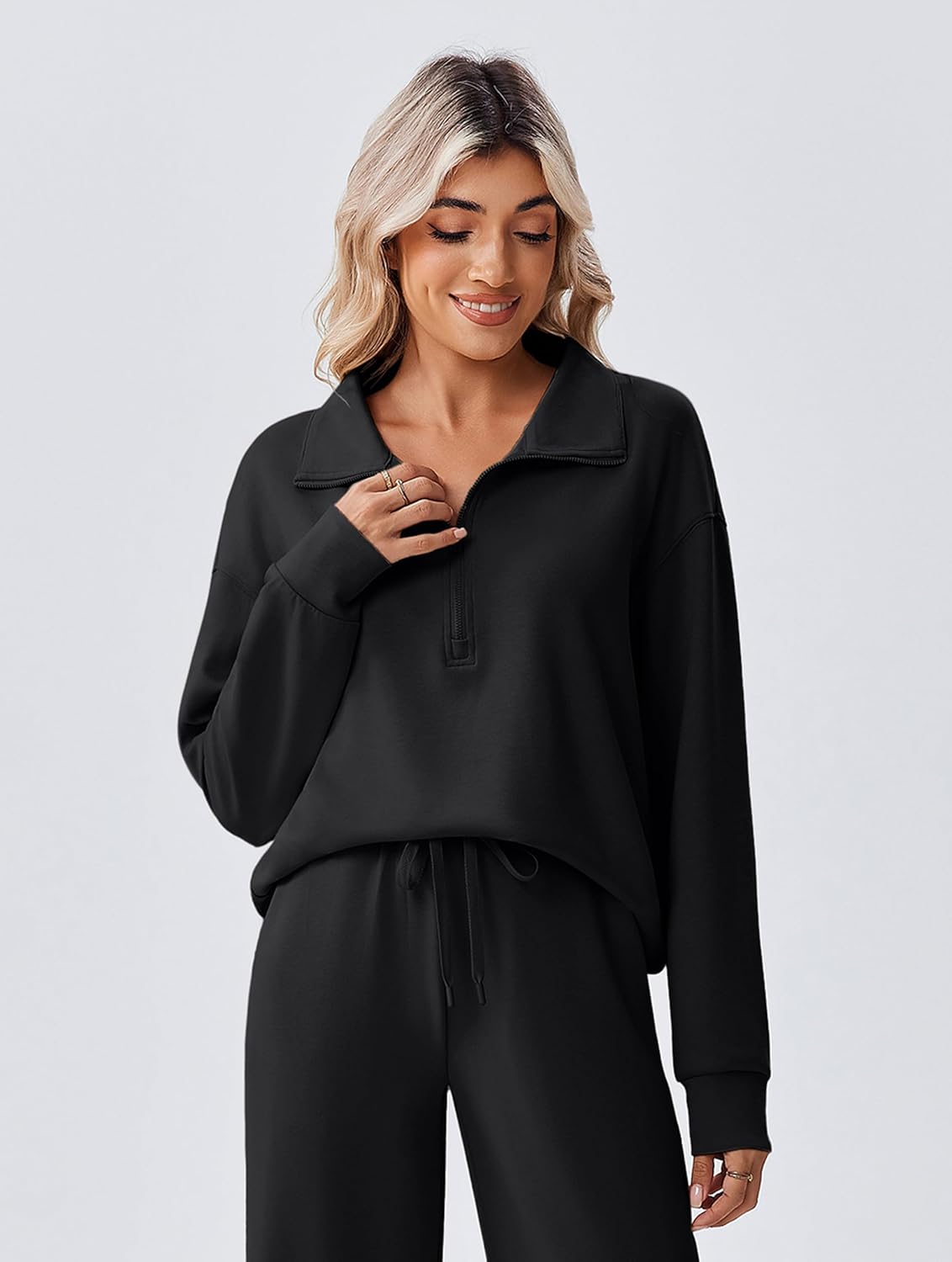 PINSPARK 2 Piece Sets for Women 1/2 Zip Sweatsuit Loose Fit Sweatshirt Straight Leg Pants 2025 Matching Outfit Fall Tracksuit - Image 4