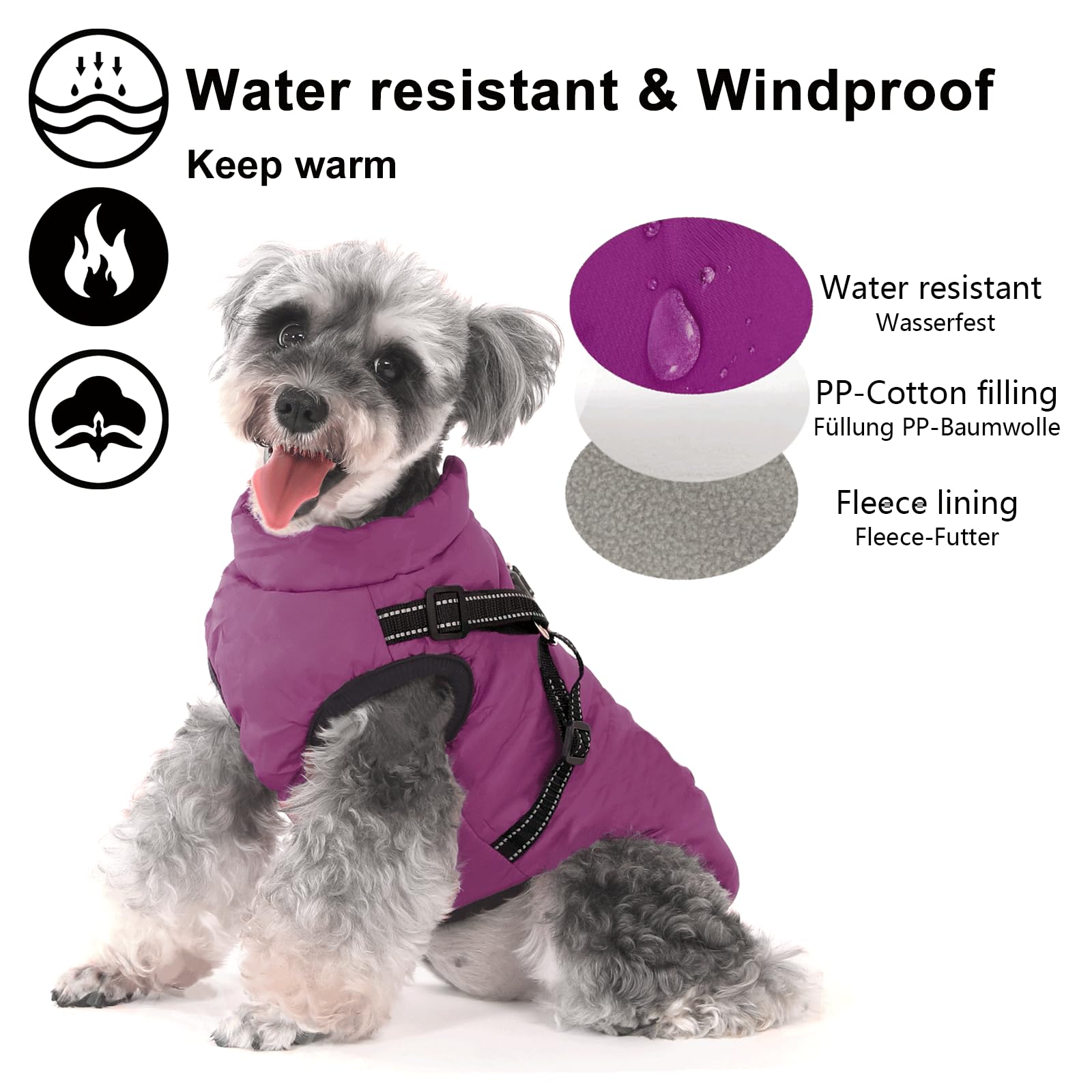 Aywoja Cappotto Cane Invernale, caldo, cappotto per cani con pettorina, impermeabile, lavabile in lavatrice, con strisce riflettenti, resistente anello a D