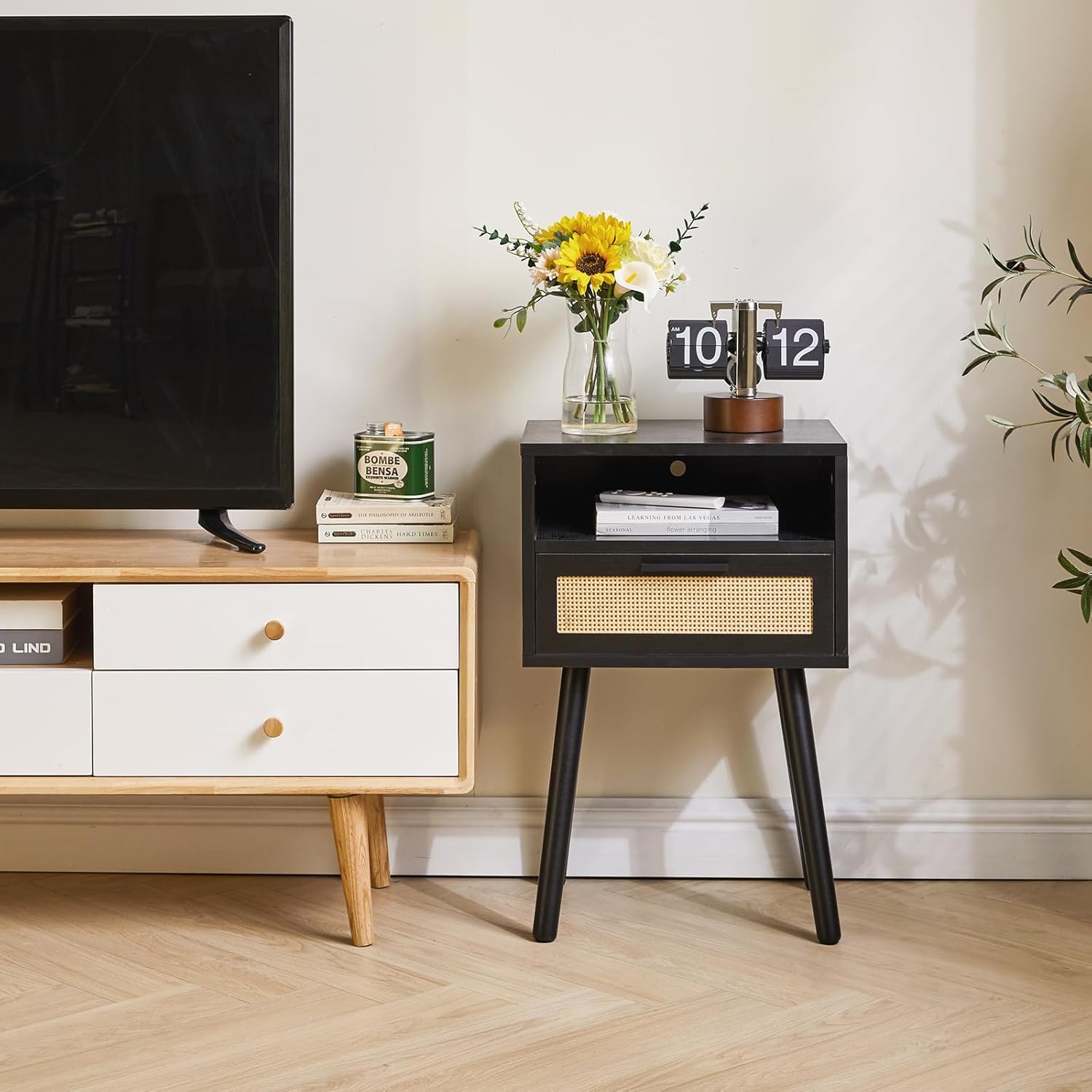 IBUYKE Rattan Nightstand, Boho Side Table with Drawer Open Shelf, Wood Accent Bedside Table, End Table with Legs for Bedroom, Living Room and Small Spaces, Black UWNS009B